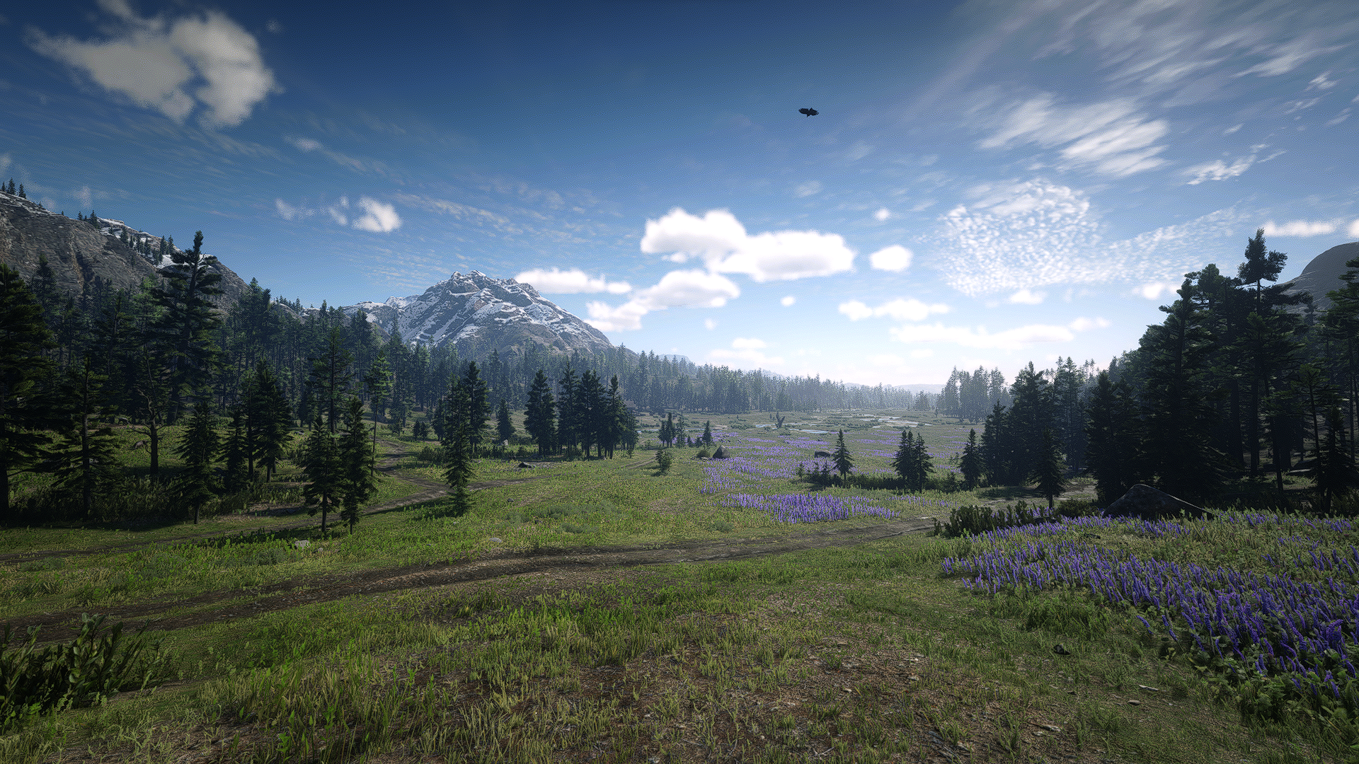 General 1920x1080 Red Dead Redemption 2 Red Dead Redemption nature trees hills mountains grass clouds screen shot PC gaming video games flowers landscape