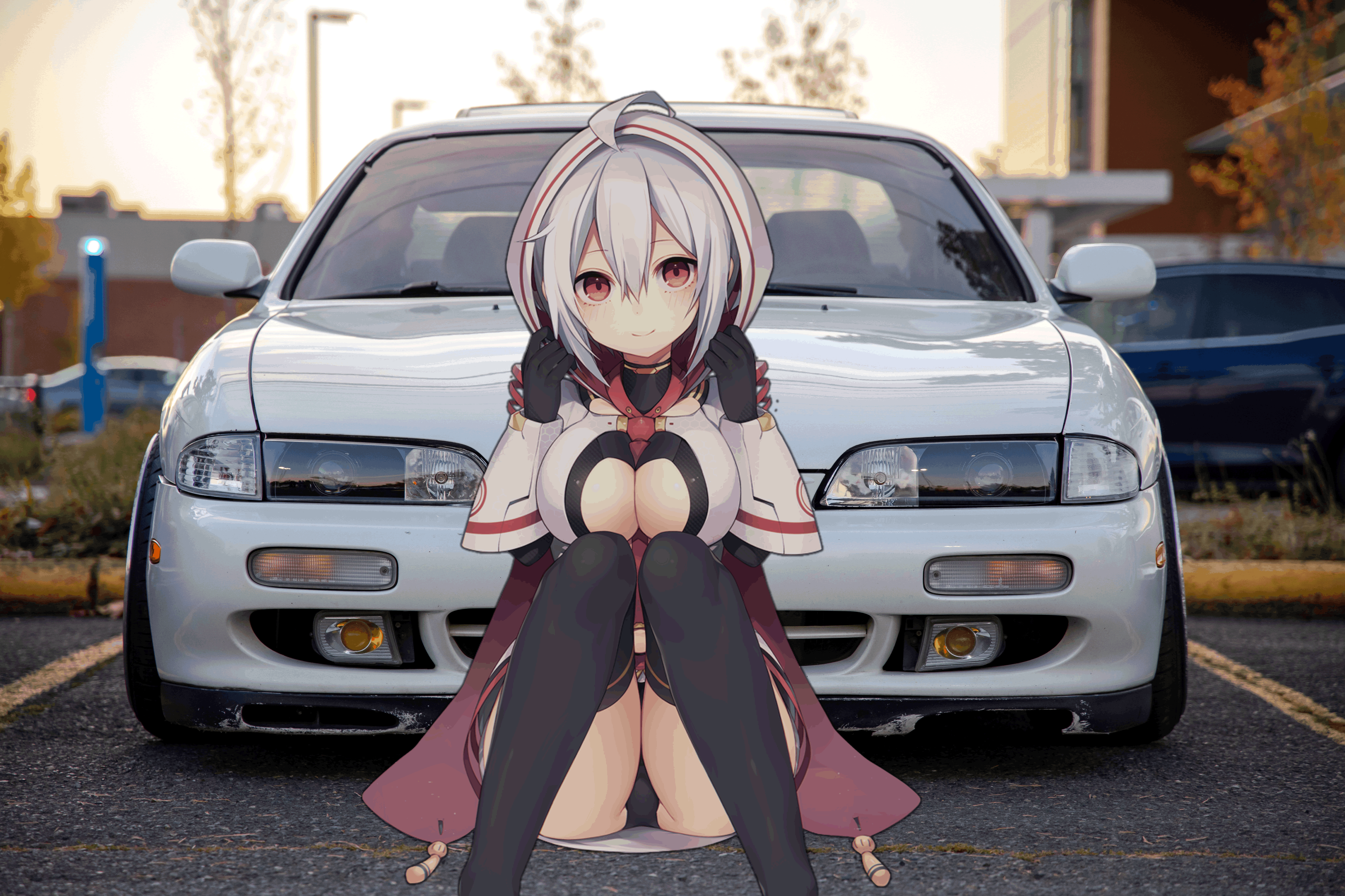 Anime 6566x4377 anime girls Japanese cars stance (cars) picture-in-picture Nissan Nissan Silvia S14 frontal view animeirl big boobs cleavage thighs red eyes cape