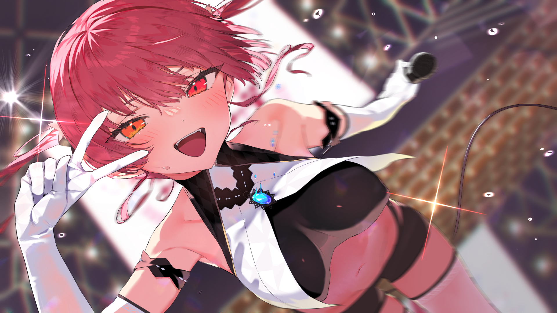 Anime 1920x1080 Pomesaurus Hololive Houshou Marine anime anime girls belly smiling bare shoulders red eyes redhead blushing armpits water drops satin gloves gloves white gloves open mouth depth of field heterochromia