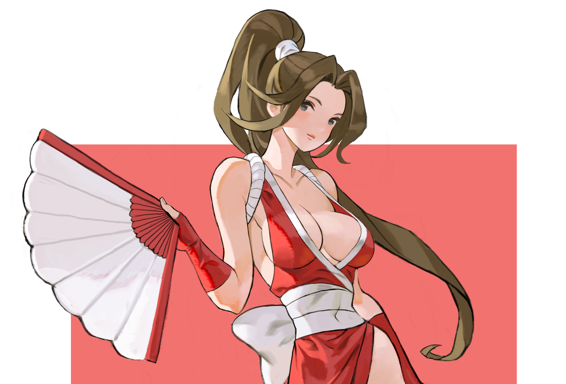 Anime 1920x1303 aruana sick brunette simple background long hair dress fans boobs big boobs standing blue eyes low neckline no bra Mai Shiranui King of Fighters ponytail skinny white background blushing gloves red gloves video game characters anime girls