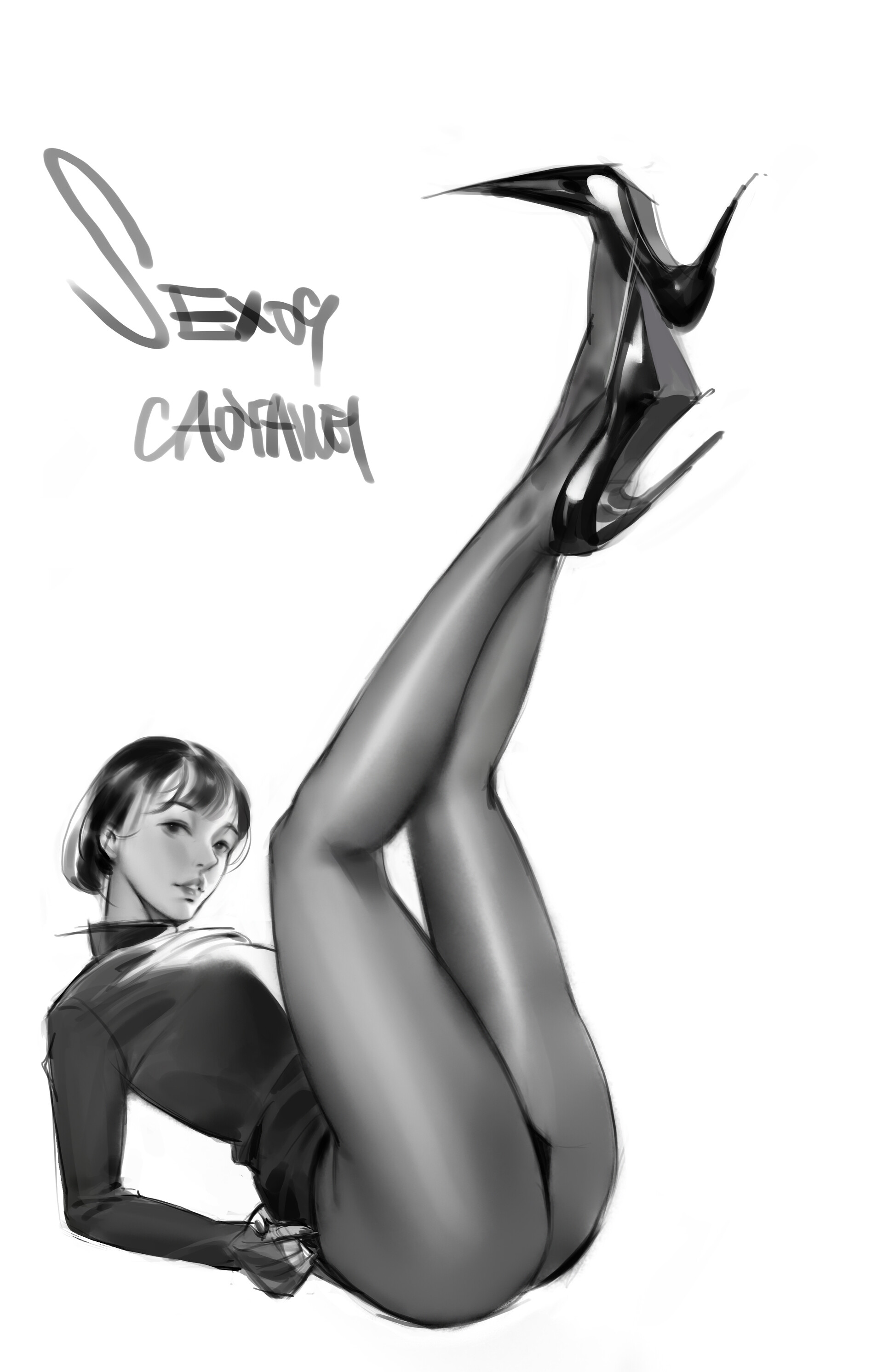 General 1920x2983 Yawei Cao simple background white background artwork women drawing monochrome legs legs up looking at viewer heels ass high heels heels up