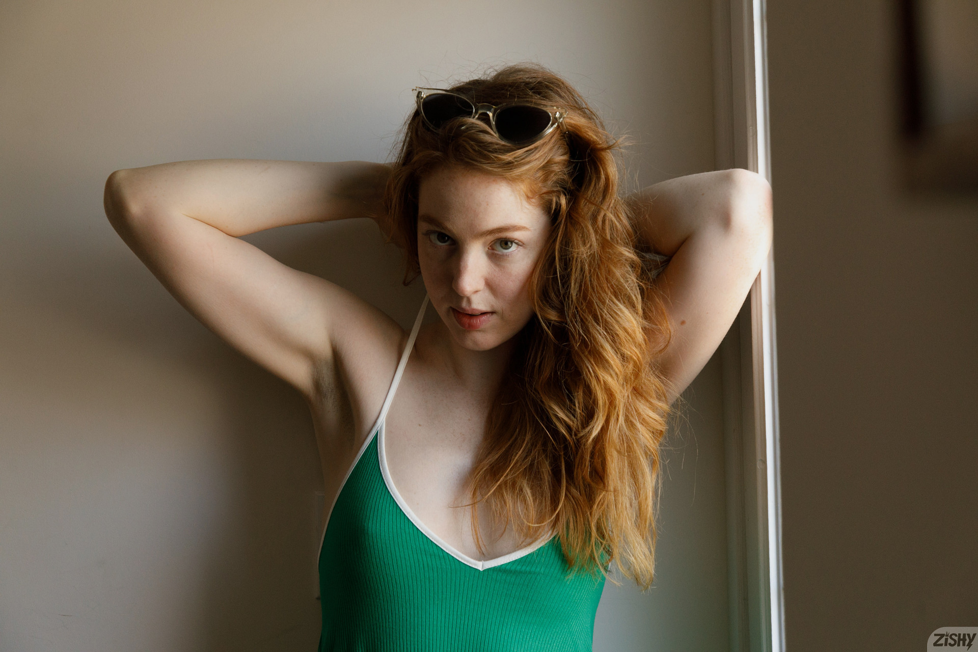 People 1920x1280 Zishy Erna O'Hara arms up armpits looking at viewer women with shades sunglasses women indoors indoors long hair redhead women model watermarked