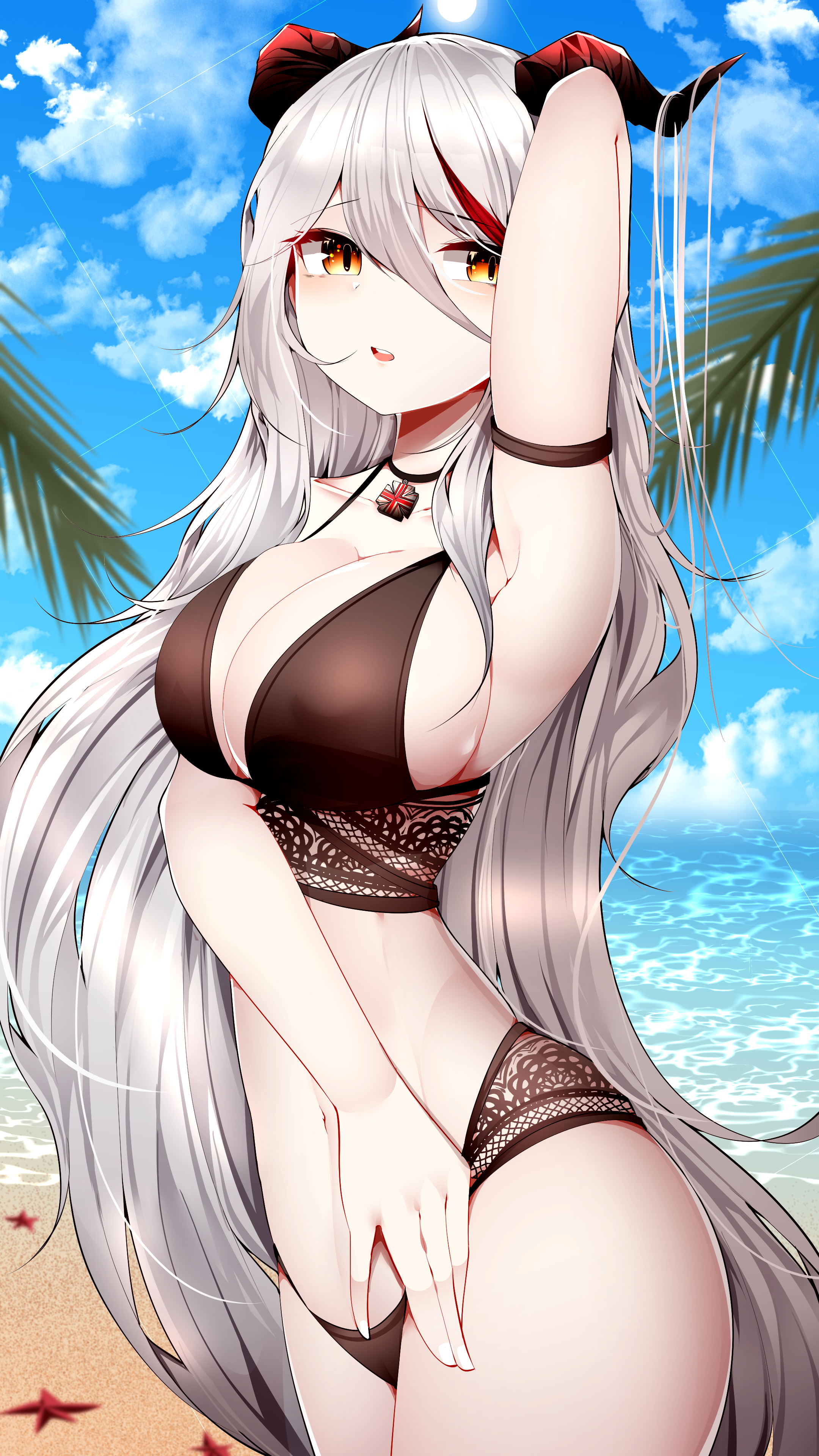 Anime 2160x3840 anime girls Ägir (Azur Lane) Azur Lane Samip black bikinis beach white hair boobs
