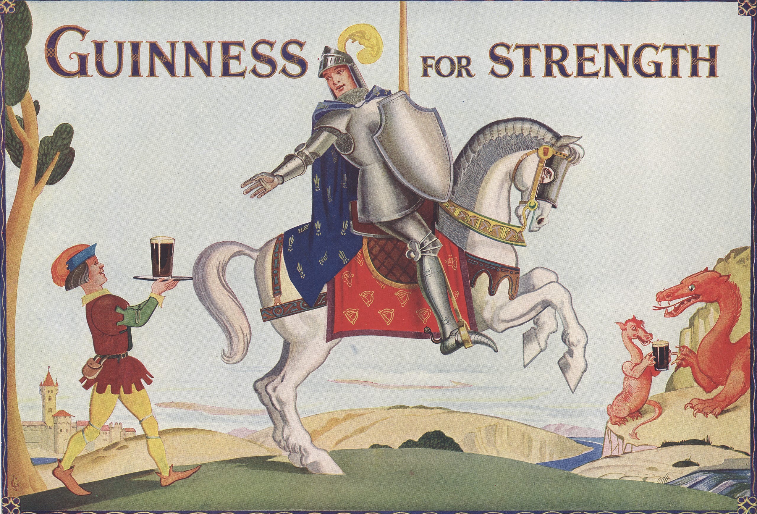 General 2560x1738 Guinness beer advertisements knight Squire dragon vintage digital art