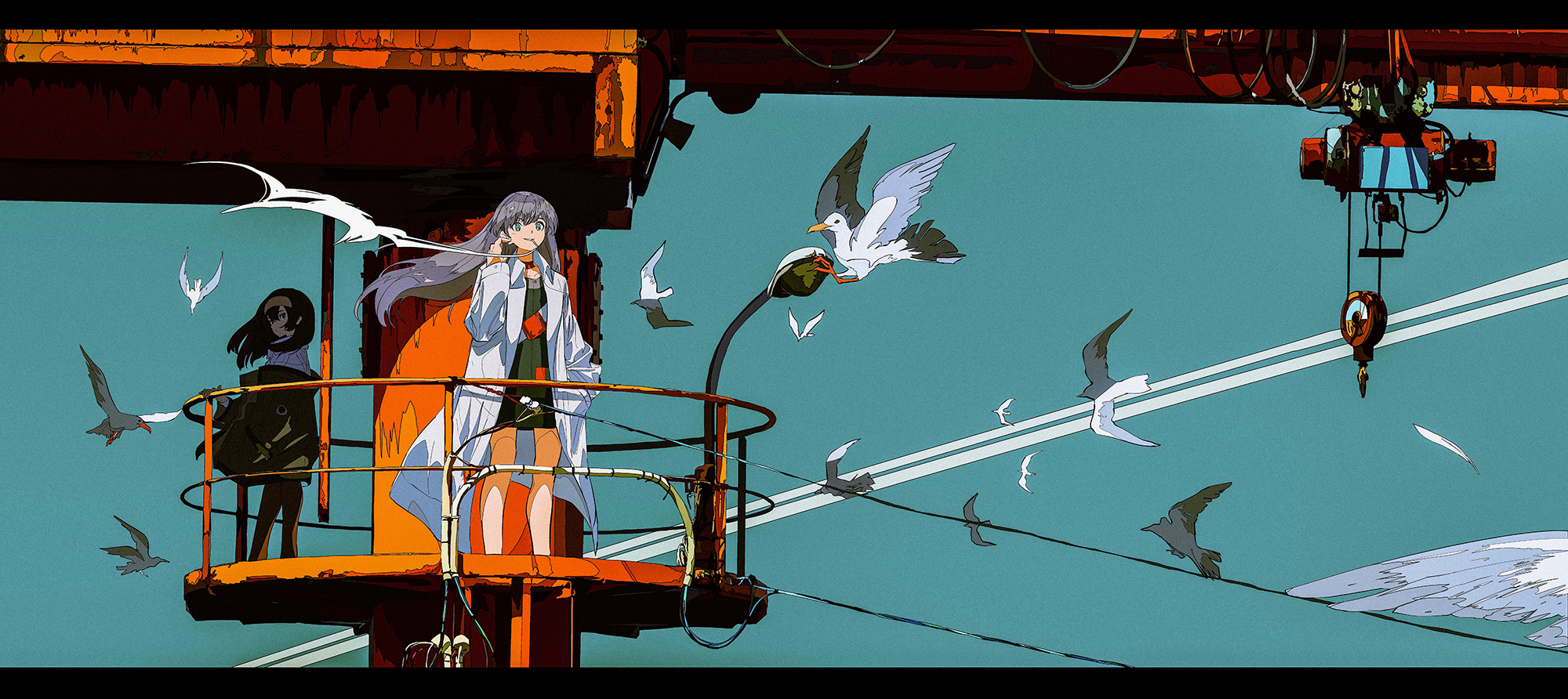 Anime 2000x892 anime Cogecha artwork anime girls seagulls smoking