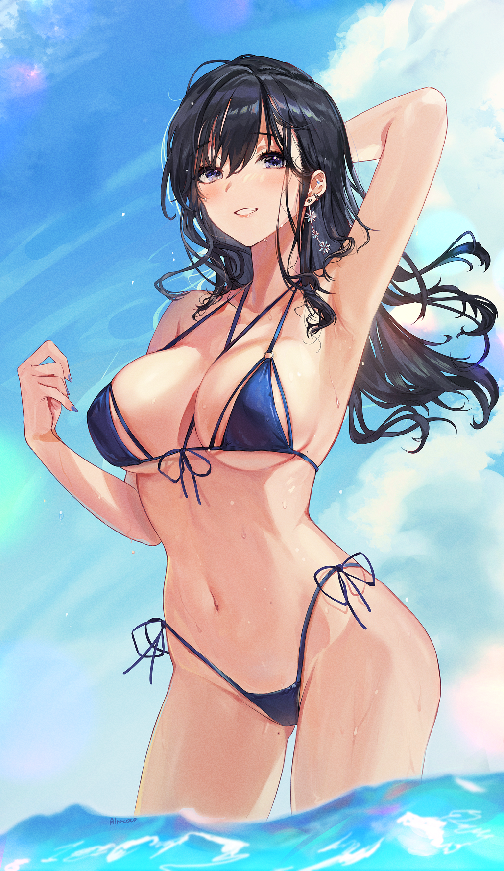 Anime 1029x1778 anime anime girls Alracoco big boobs armpits bikini micro bikini string bikini dark hair long hair