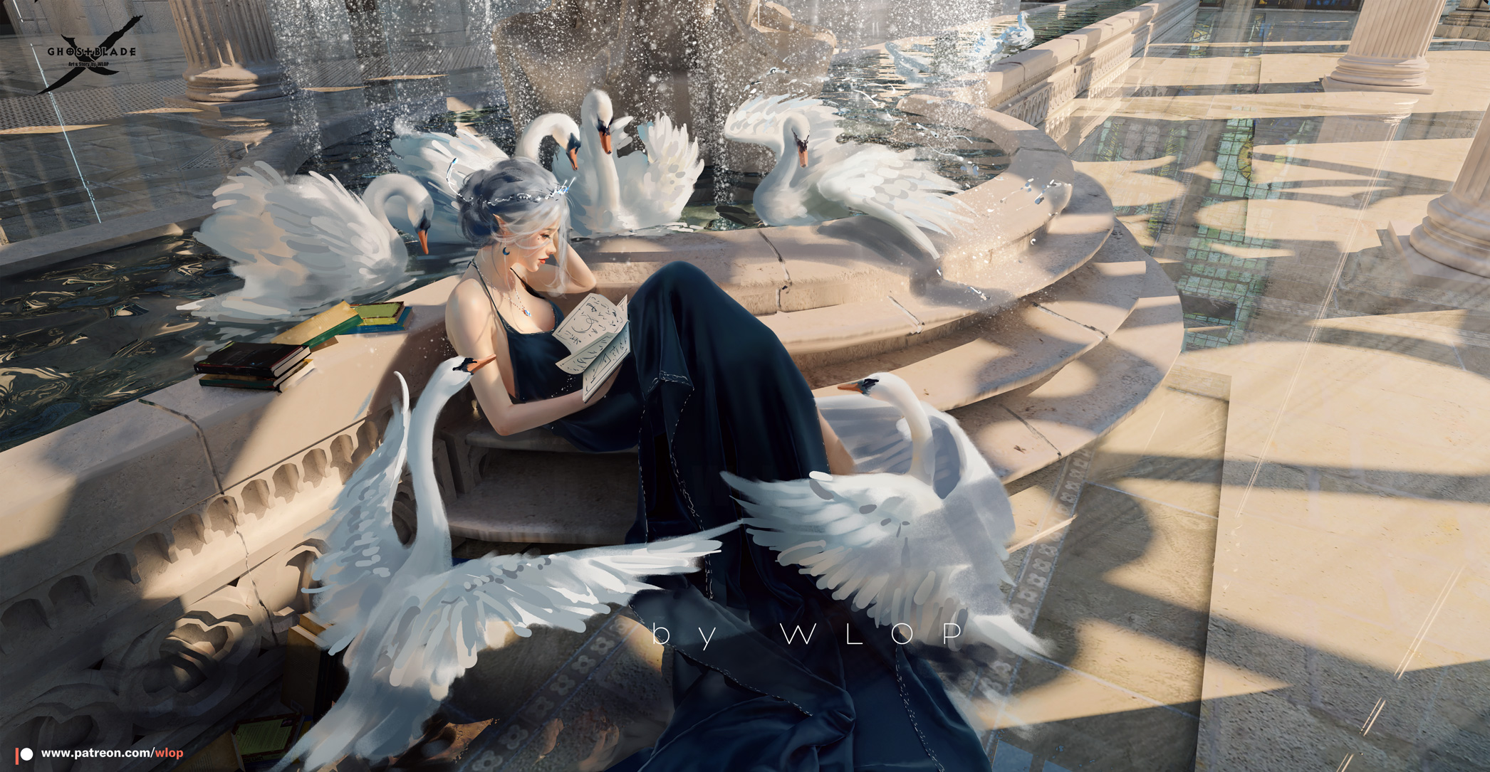 General 2092x1085 digital painting princess fantasy architecture WLOP Ghostblade artwork women swans