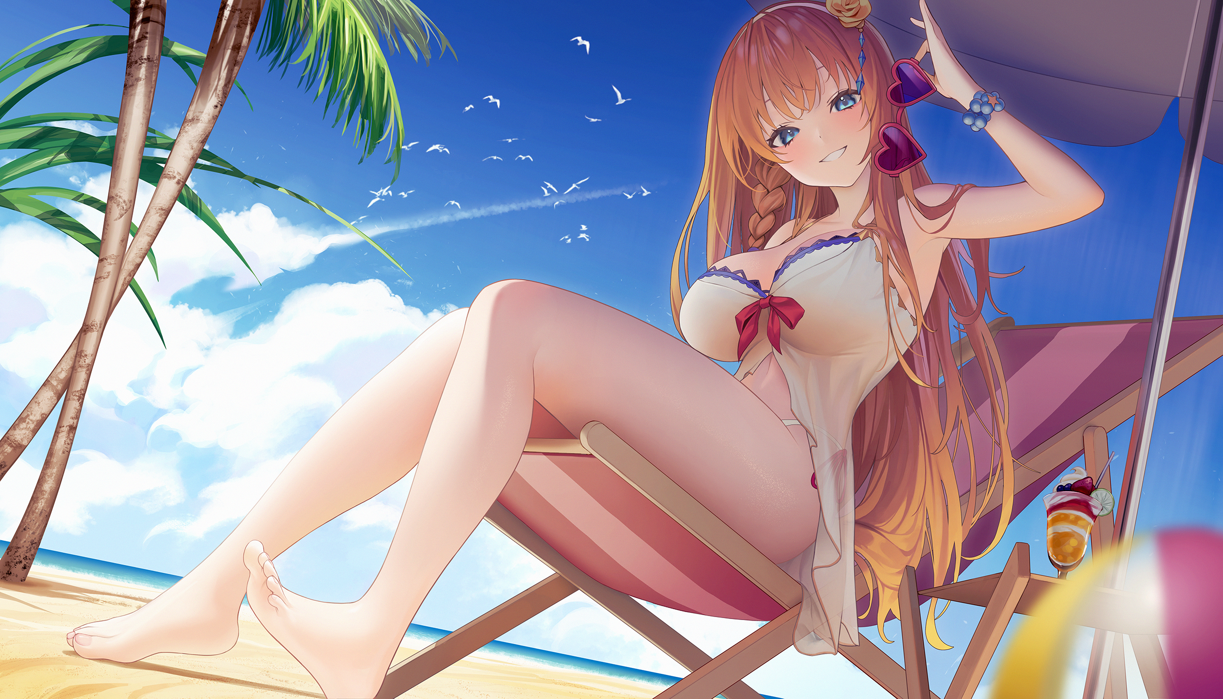 Anime 2480x1417 Princess Connect Re:Dive Pecorine (Princess Connect!) anime anime girls sitting beach big boobs long hair blonde blue eyes artwork Lezon Re low-angle looking below palm trees sunbed cocktails clouds looking at viewer heart sunglasses swimwear