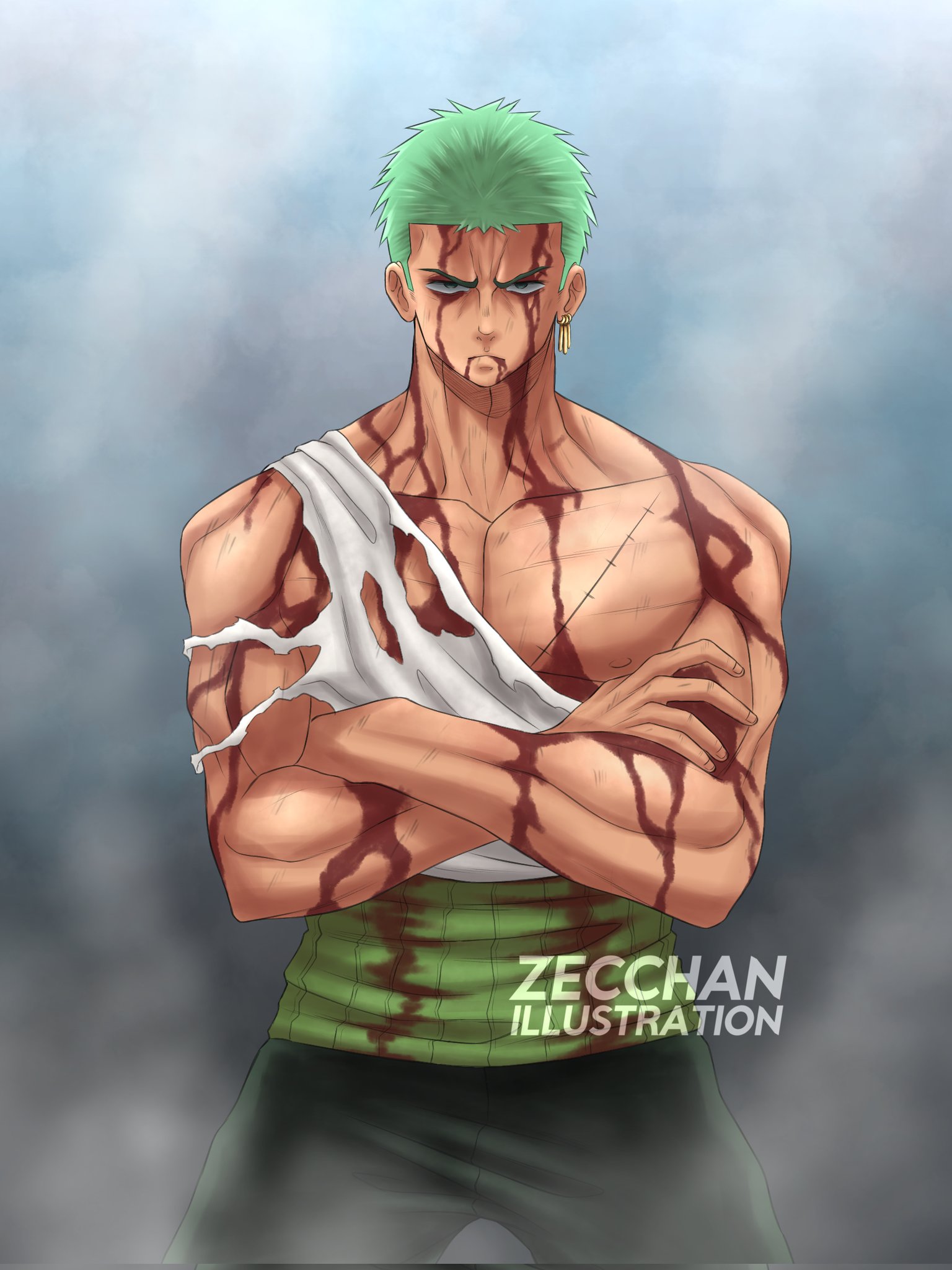 Anime 1536x2048 One Piece Roronoa Zoro anime blood muscular green hair muscles anime boys