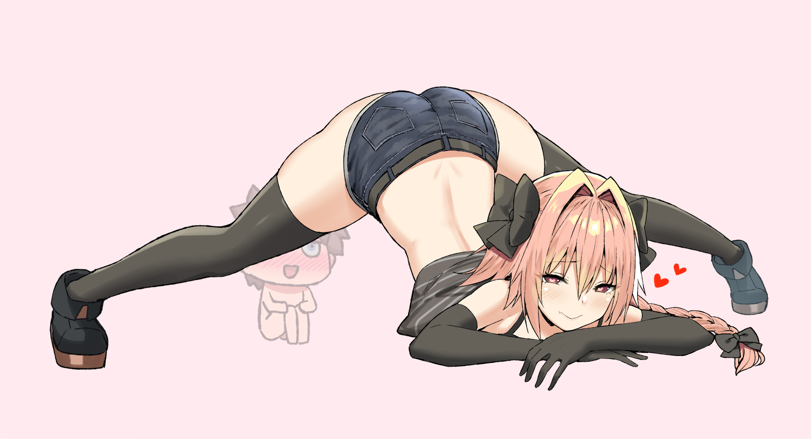 Anime 1600x867 Fate/Grand Order ecchi bent over Fate series spread legs thighs bareback black stockings ass looking at viewer blushing arm support elbow gloves jean shorts hair ribbon heart eyes french braids pink hair simple background anime Astolfo (Fate/Apocrypha) Fujimaru Ritsuka chibi fan art long hair zettai ryouiki two tone hair hair bows pink eyes short shorts smiling Fate/Apocrypha  artwork Sky (sky-freedom) Pixiv Jack-O Challenge anime boys femboy bangs crop top bare shoulders 2D back