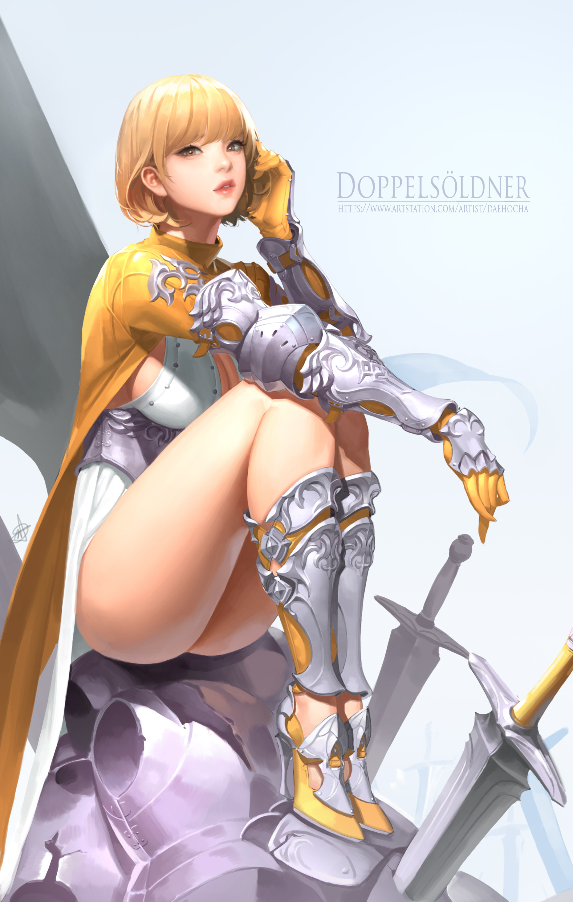 General 1860x2926 Daeho Cha drawing women blonde short hair armor steel legs upskirt weapon sword digital art female warrior