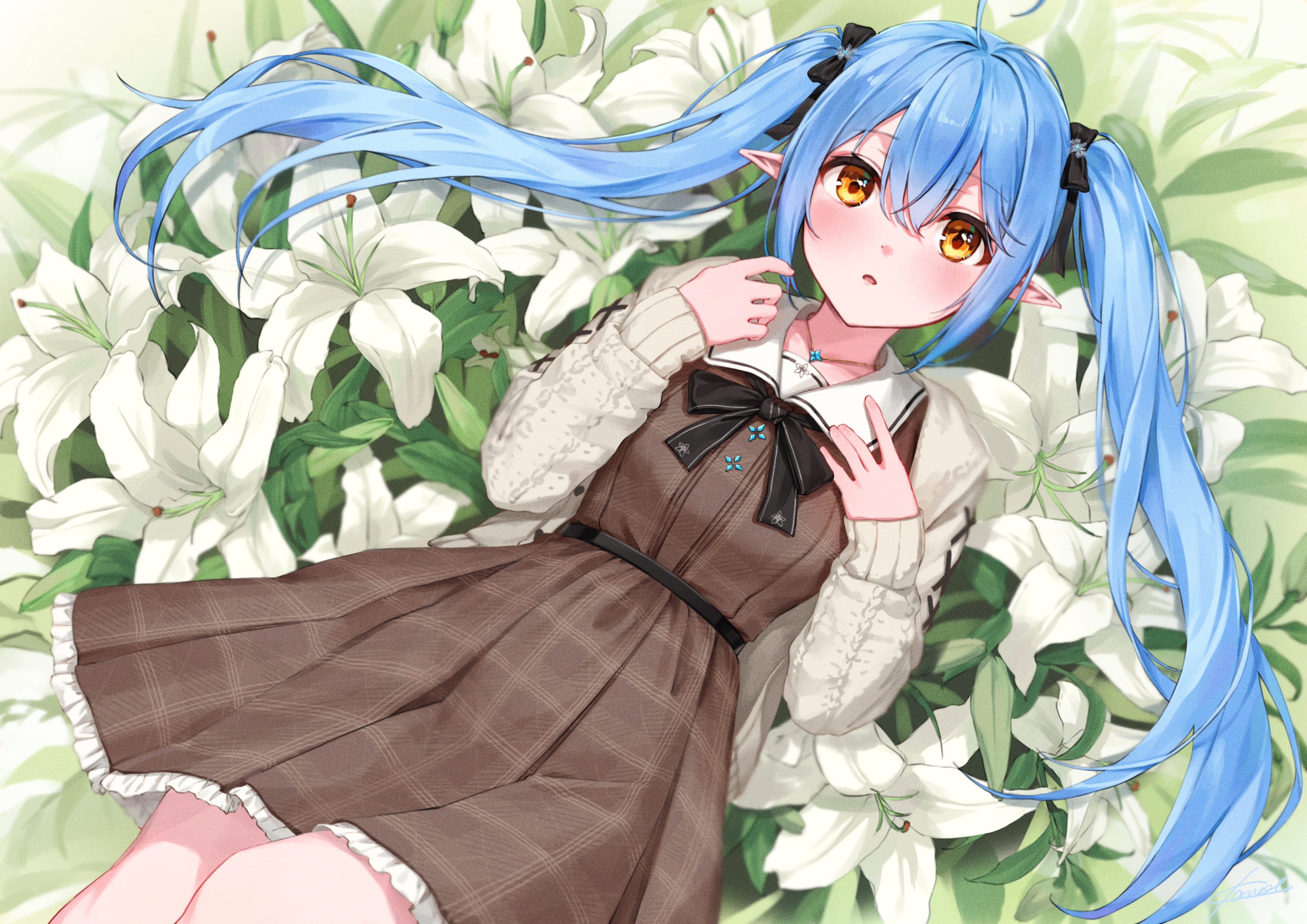 Anime 3508x2480 anime anime girls blue hair long hair dress looking at viewer pointy ears flowers plants twintails Hololive Virtual Youtuber Yukihana Lamy