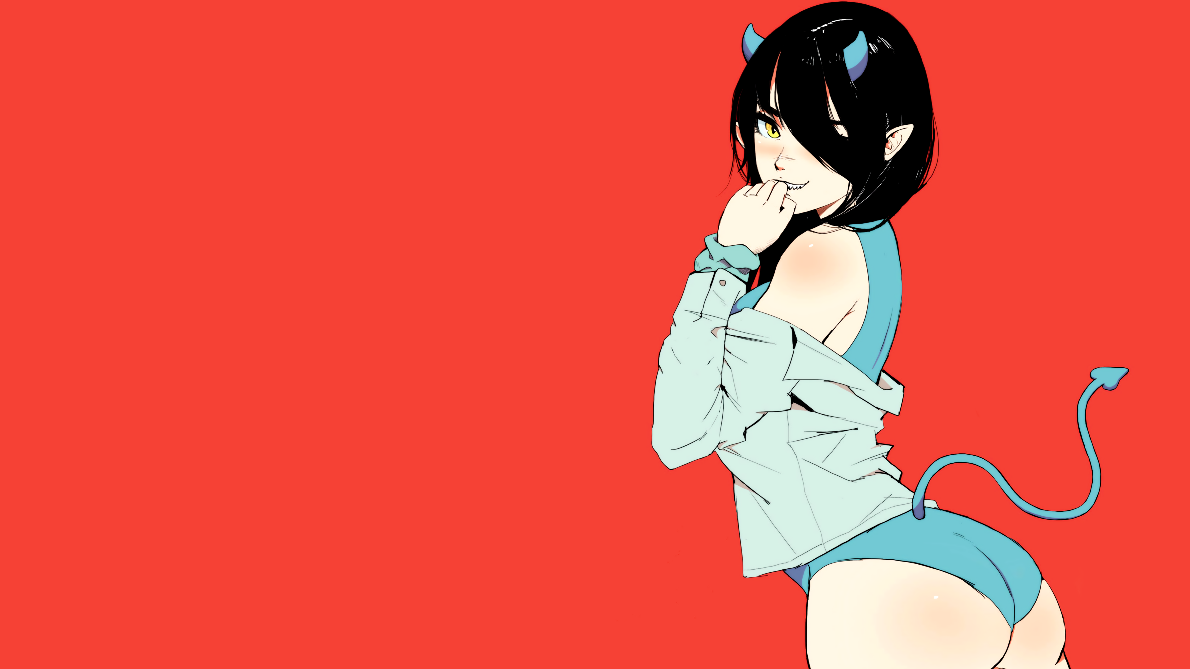 Anime 3840x2160 anime anime girls simple background red background demon girls demon horns horns yellow eyes cat eyes black hair demon tail pointy teeth blushing pointy ears one-piece swimsuit undressing ass looking at viewer