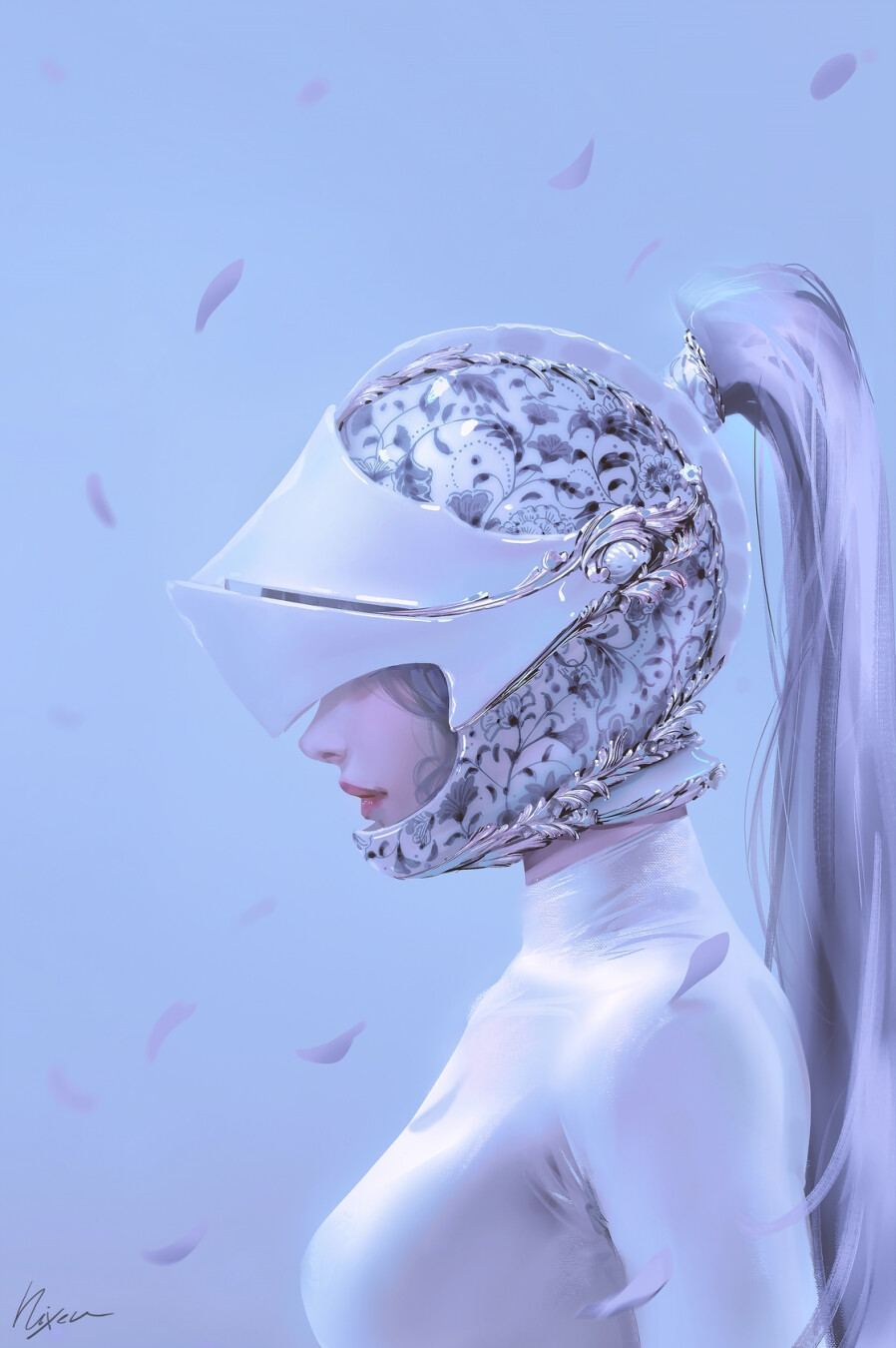 General 898x1350 Nixeu drawing women profile ponytail helmet covered eye(s) feathers digital art portrait display