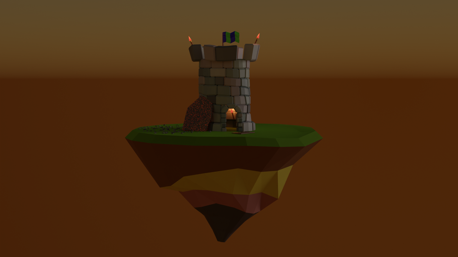 General 1920x1080 tower flag torches CGI digital art Blender medieval meteorite island relaxing brown background