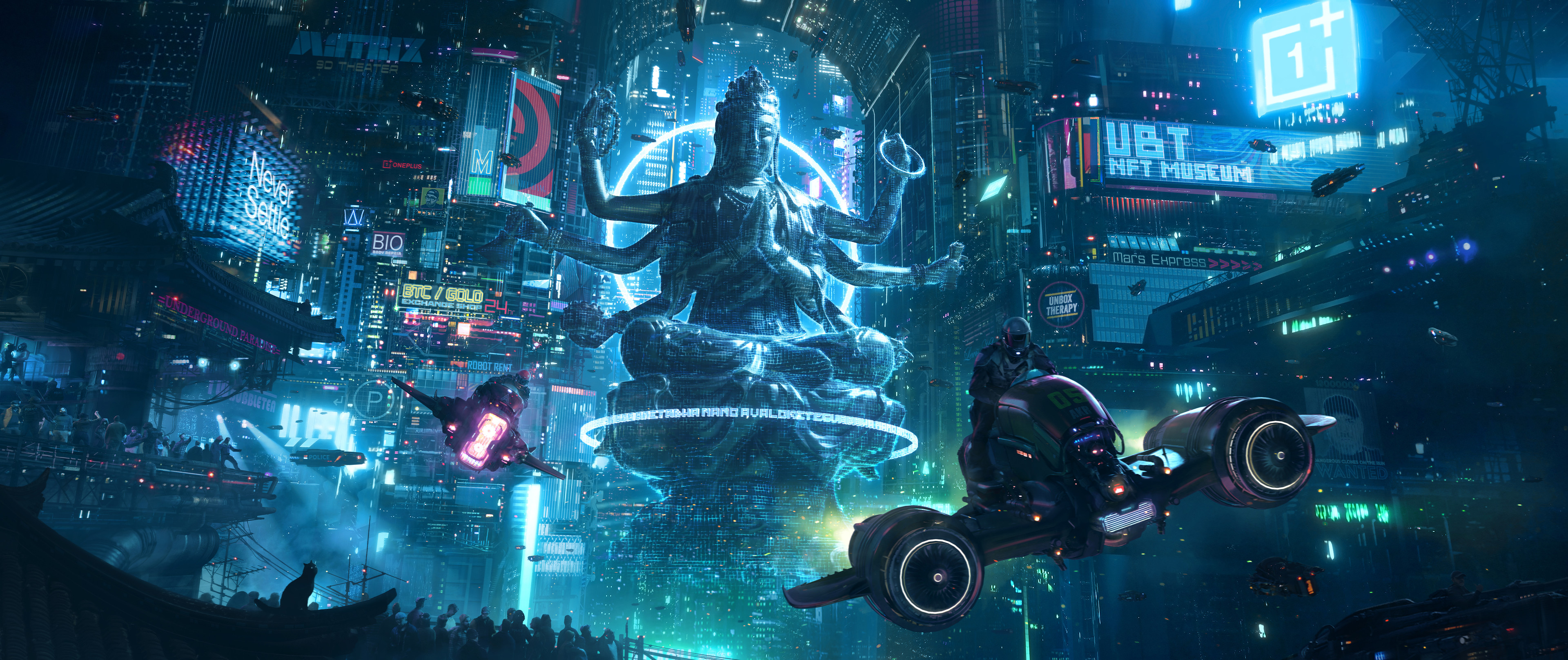 General 3840x1617 artwork ArtStation futuristic science fiction futuristic city cityscape vehicle digital art Buddhism Buddha