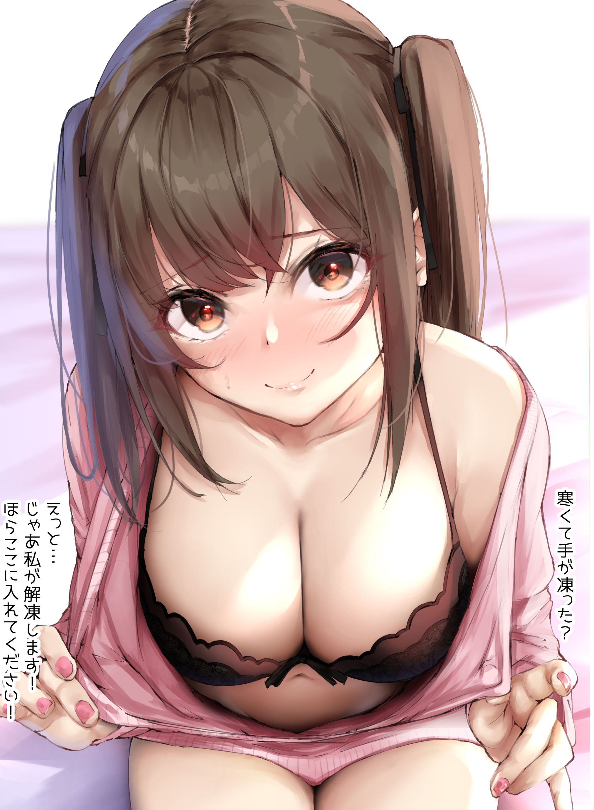 Anime 2026x2762 Fay (artist) anime girls boobs big boobs cleavage bra pulling clothing blushing brunette twintails brown eyes
