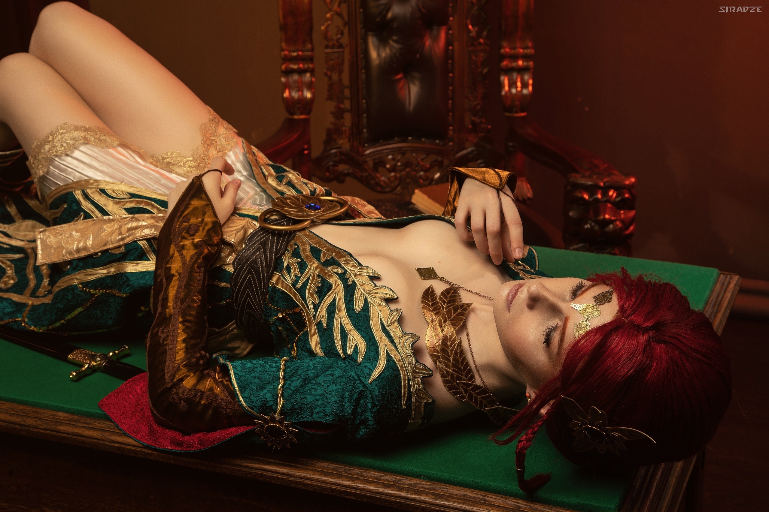 People 2560x1706 Triss Merigold The Witcher cosplay women redhead fantasy girl boobs necklace legs together women indoors model indoors costumes
