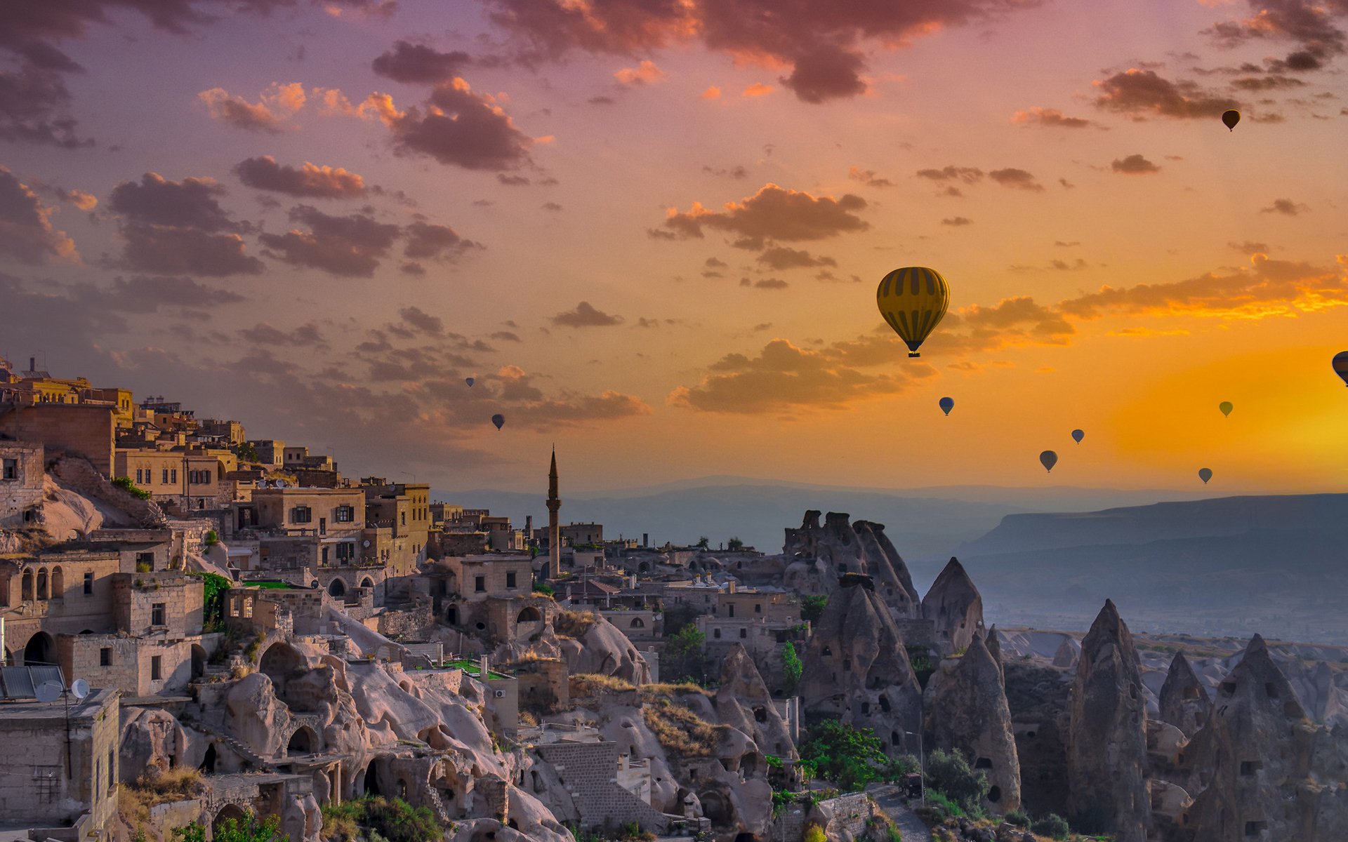 General 1920x1200 hot air balloons nature architecture sunset Turkey orange sky Cappadocia