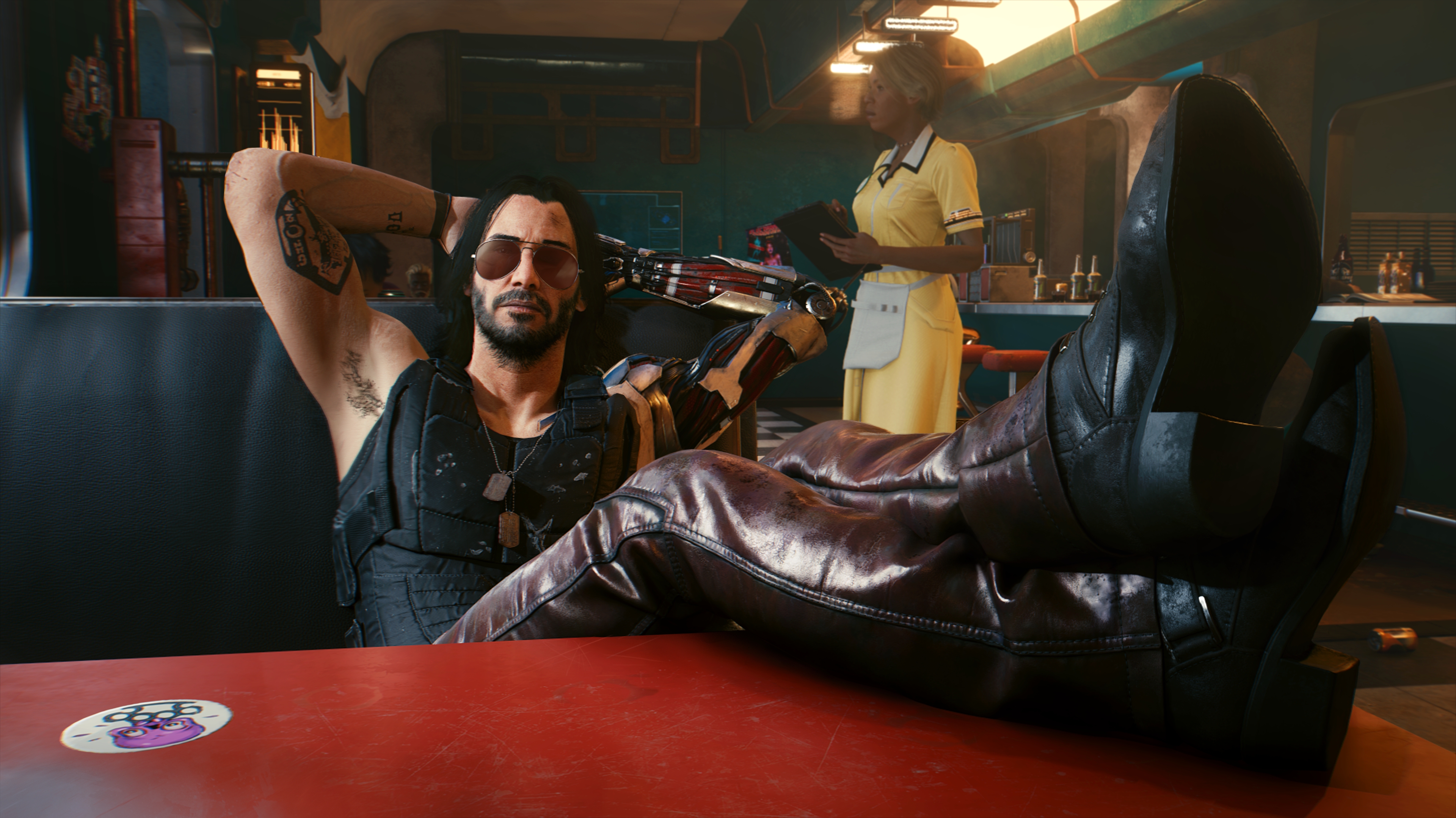 General 3840x2160 video games Cyberpunk 2077 Johnny Silverhand Keanu Reeves bar CD Projekt RED video game characters men PC gaming inked men men with shades screen shot