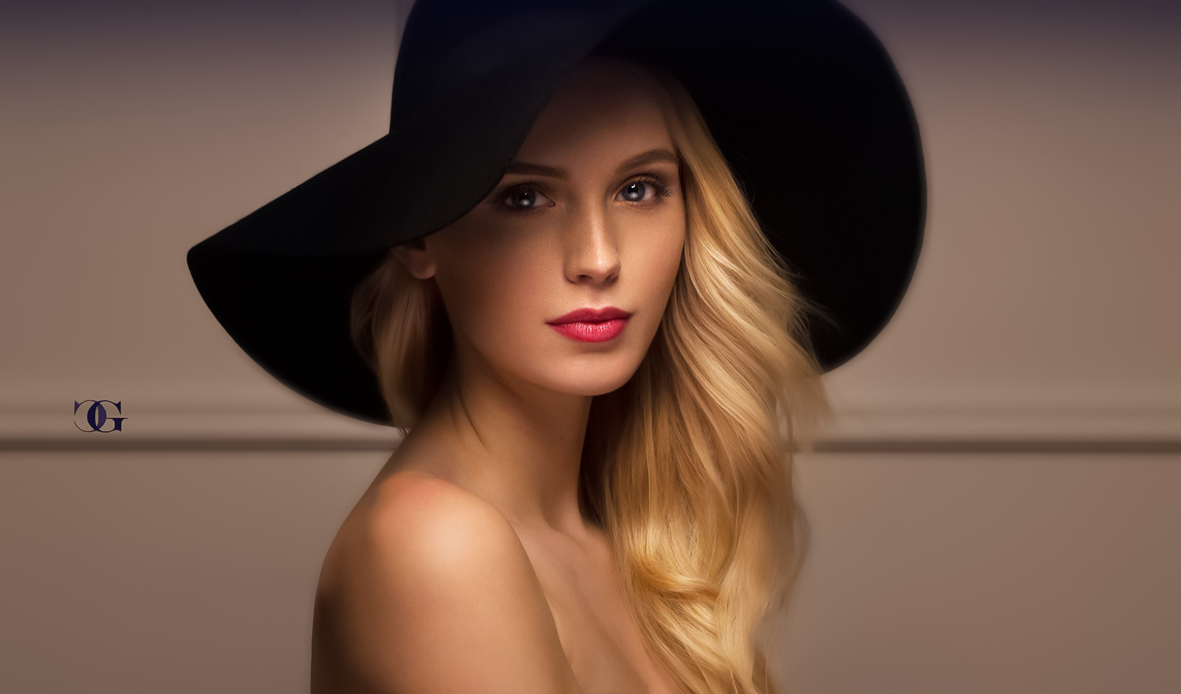People 1703x1001 Carl Gia women hat blonde makeup lipstick bare shoulders portrait wall black hat Candice