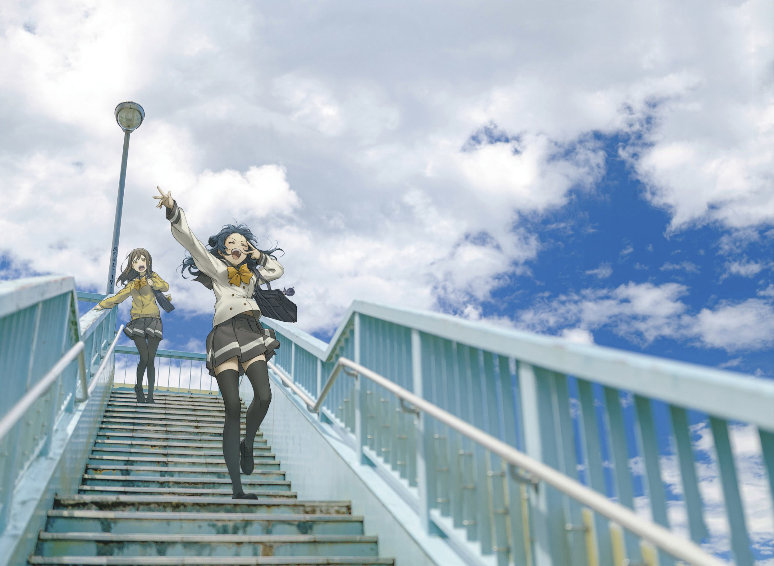 Anime 2491x1821 Love Live! Love Live! Sunshine anime girls Tsushima Yoshiko Kunikida Hanamaru stairs sky
