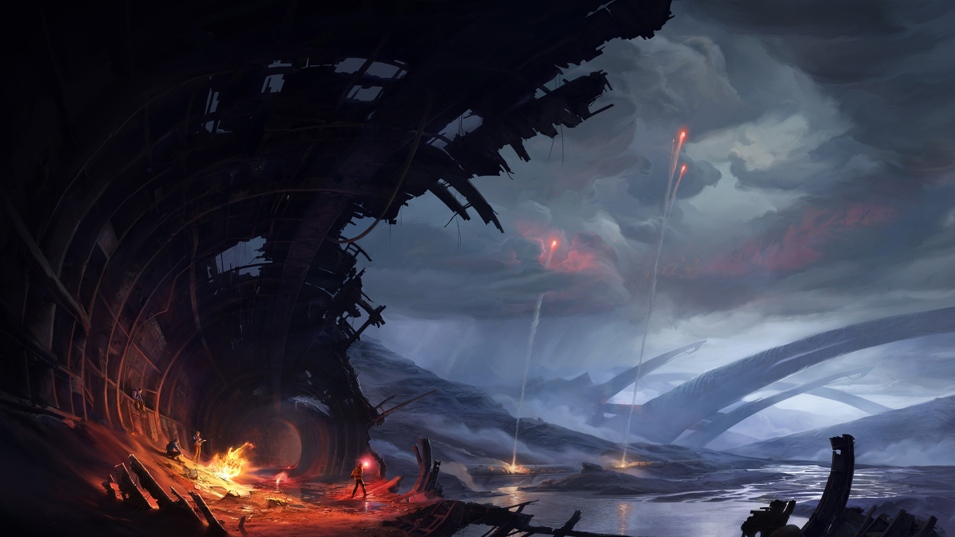 General 1920x1080 sky science fiction artwork apocalyptic campfire