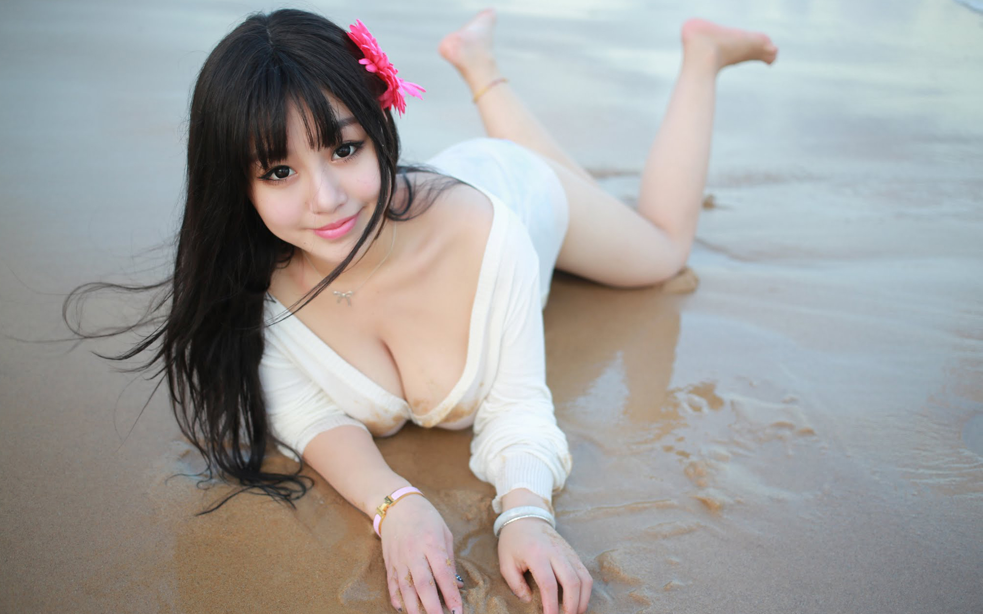 People 1920x1200 Zhu Ke Er brunette model beach big boobs women Asian