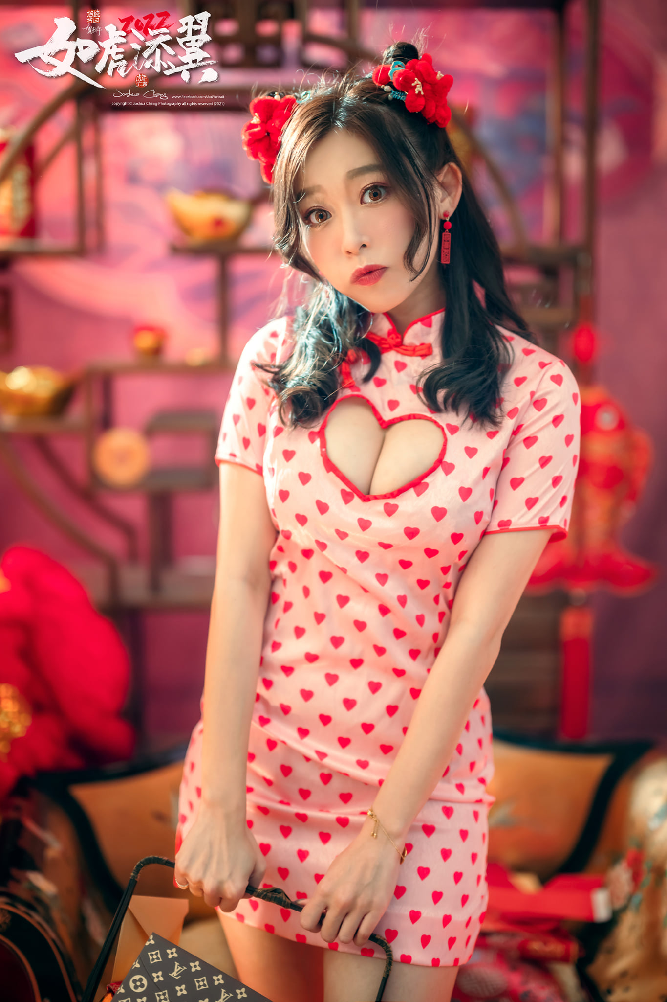 People 1365x2048 polka dots dress Asian women oriental long hair brunette red cleavage Joshua Chang looking at viewer red lipstick hazel eyes model cleavage cutout