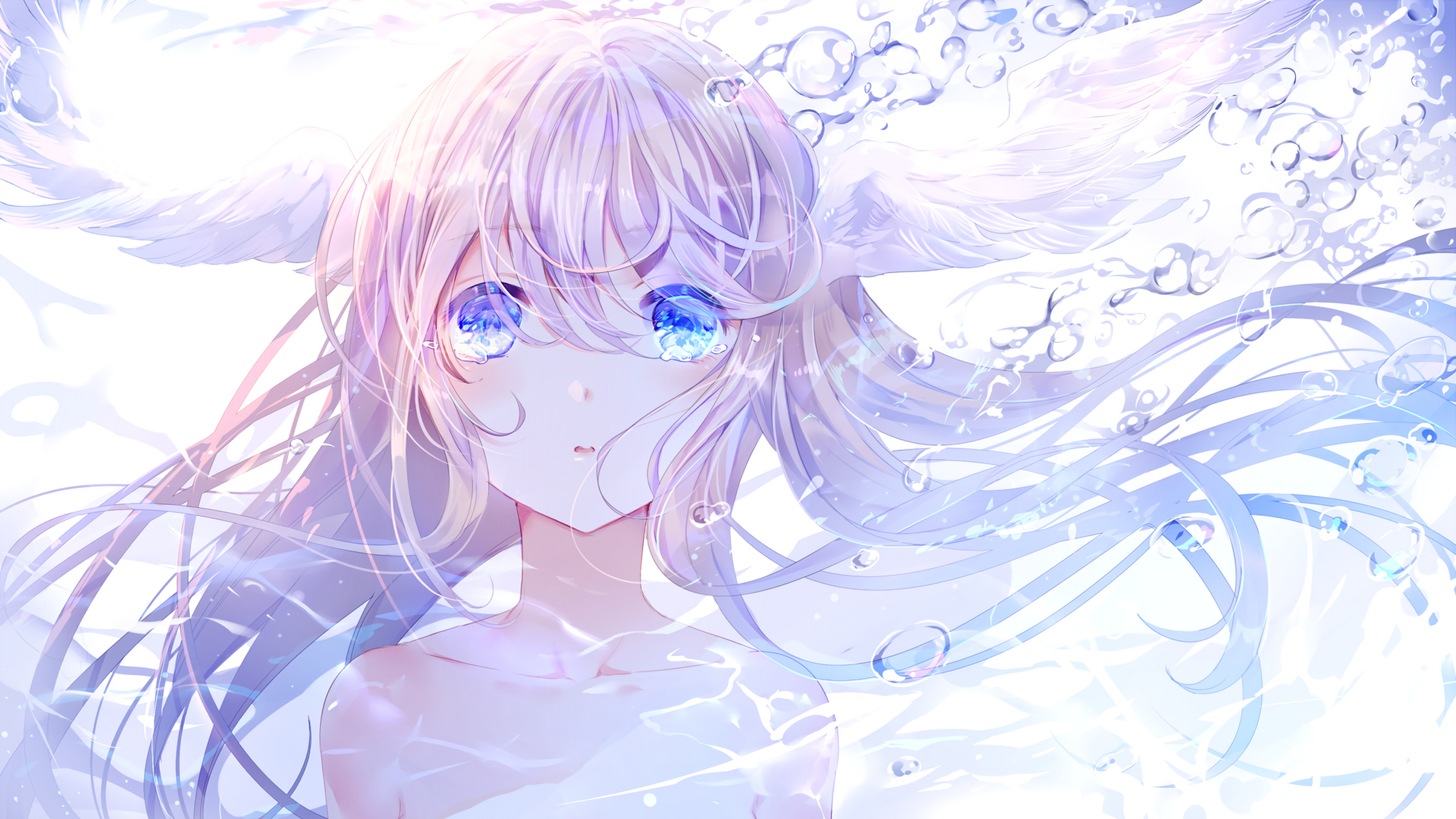 Anime 2276x1280 anime girls anime blue eyes wings water