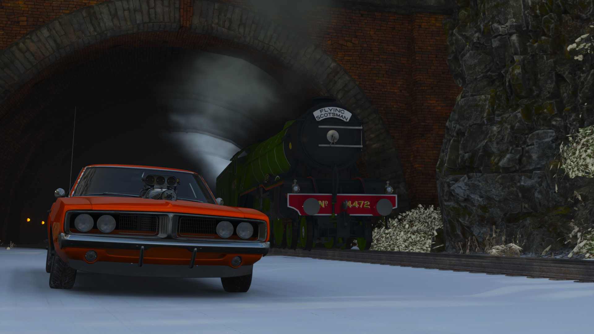 General 1920x1080 Dodge Charger orange train Forza Horizon video games muscle cars PlaygroundGames car vehicle American cars frontal view snow cold Forza Horizon 4 supercharger driving CGI smoke tunnel railway video game art