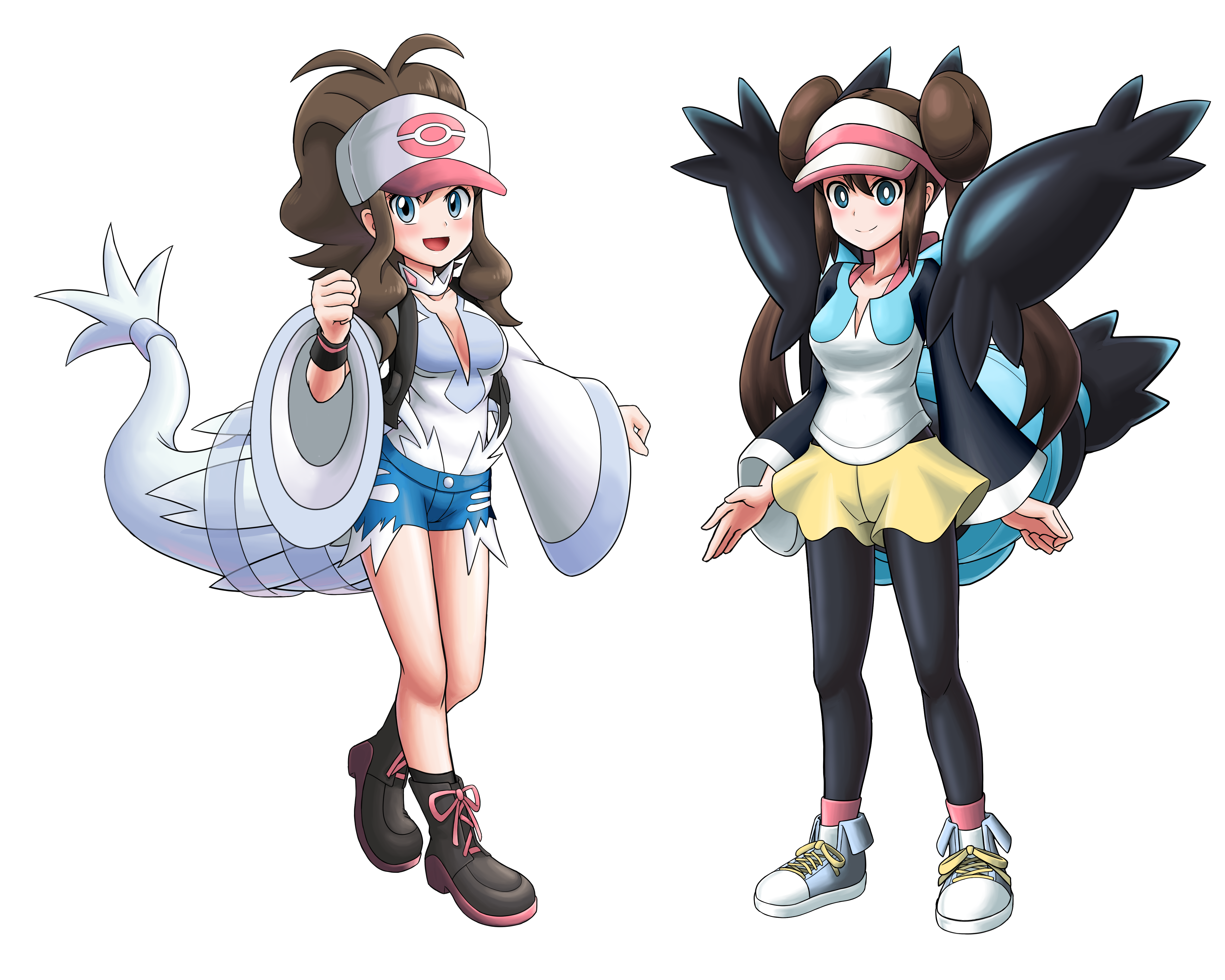 Anime 5000x4000 anime anime girls Pokémon Rosa (Pokémon) Hilda (Pokémon) long hair twintails ponytail brunette two women artwork digital art fan art hat minimalism