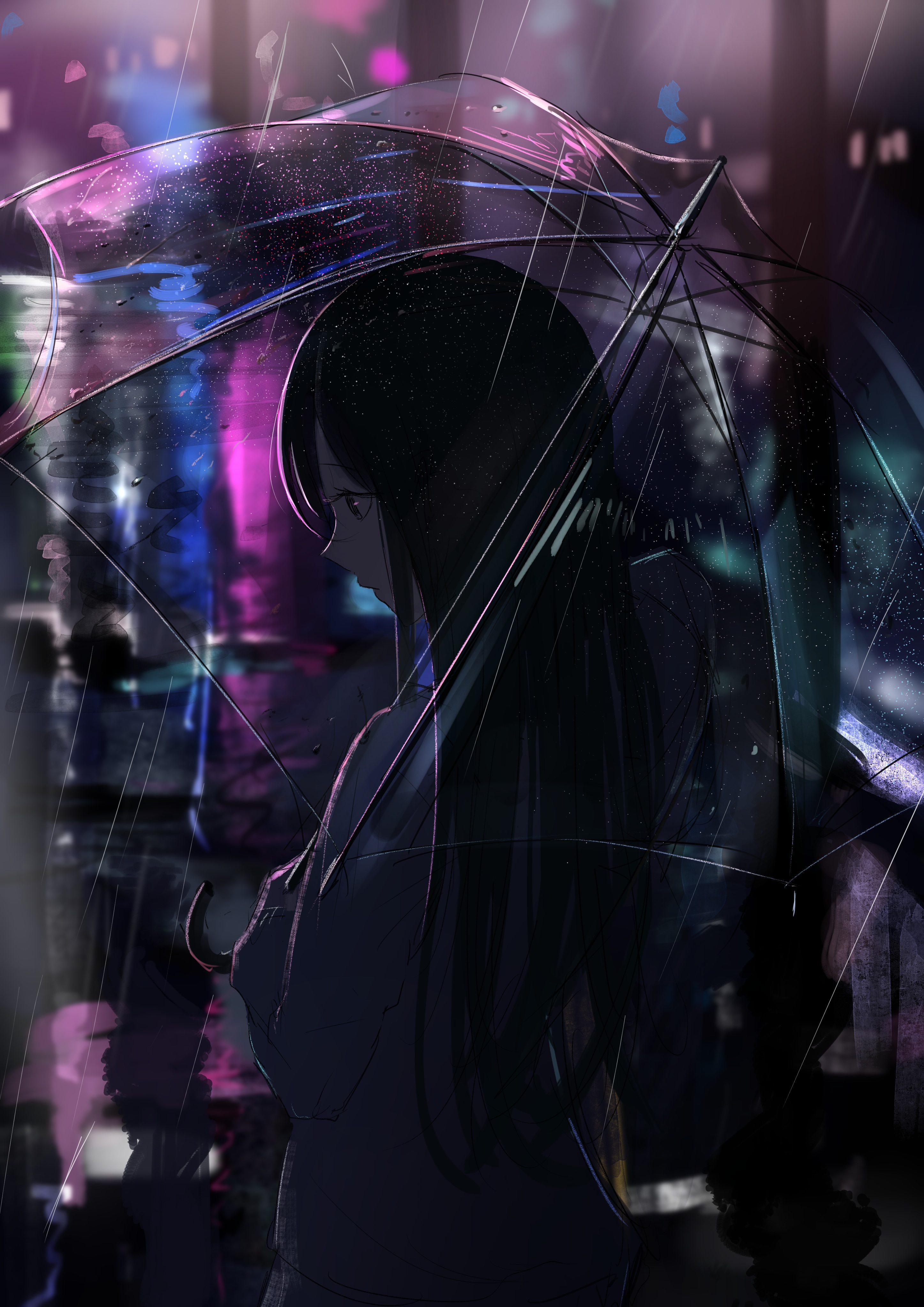 Anime 2894x4093 tararelux black hair long hair long sleeves rain reflection transparency umbrella watercolor anime girls night