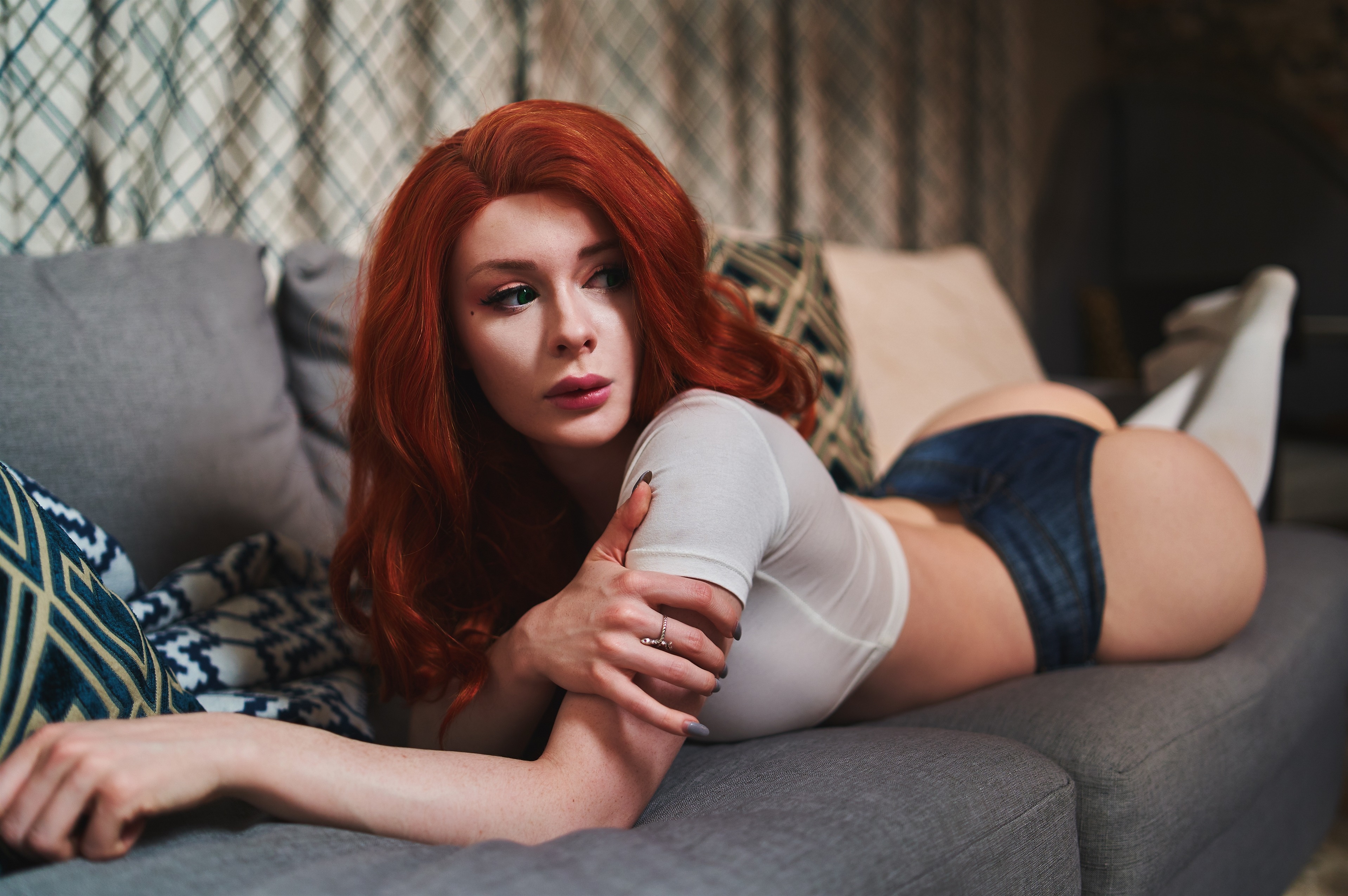 People 3834x2548 Jenna Lynn Meowri women model redhead cosplay Mary Jane Watson Spider-Man white tops looking away high waisted shorts thigh high socks thigh-highs lying on front ass couch indoors women indoors