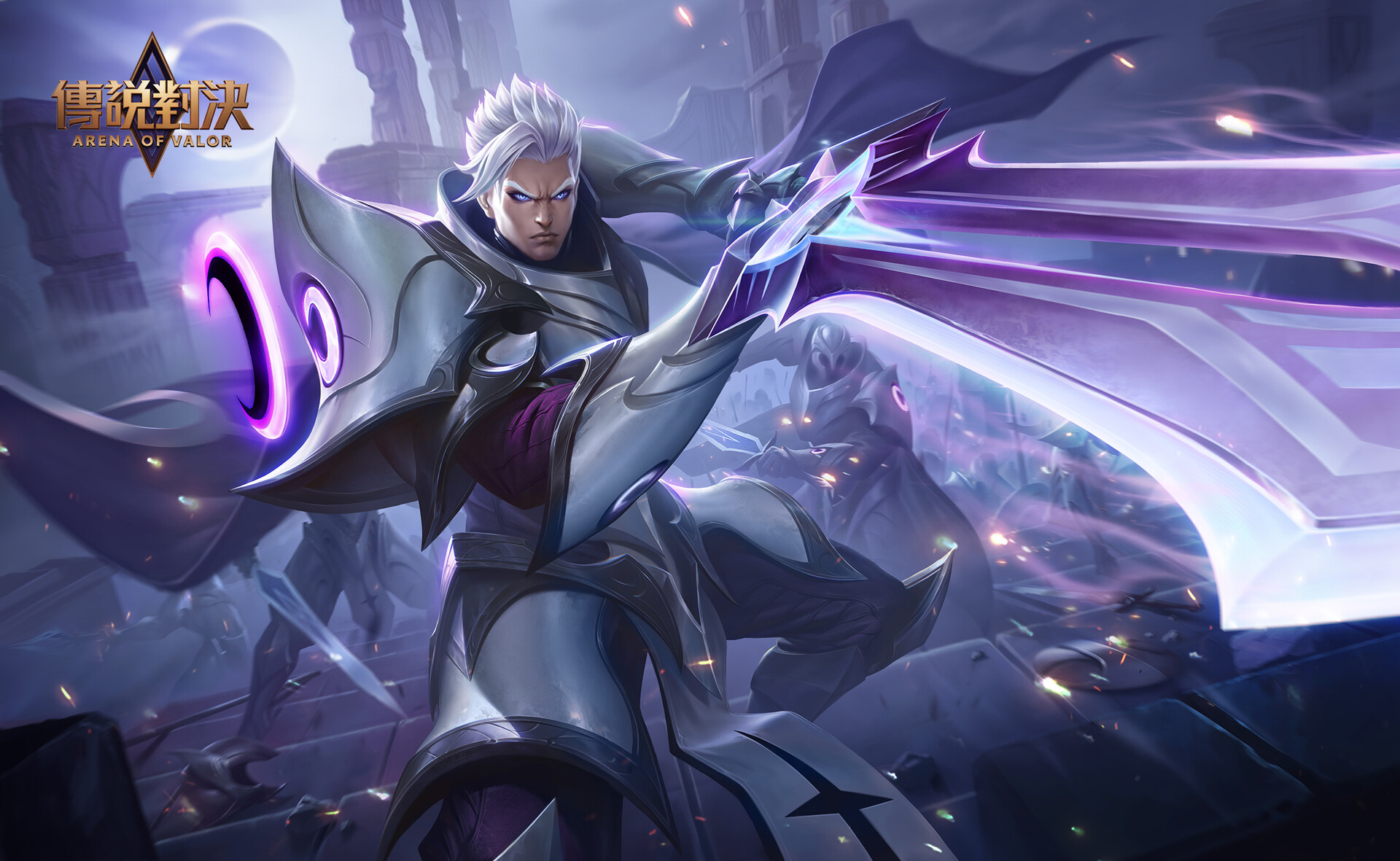 General 1920x1181 Brasenia 1 drawing Arena of Valor men warrior silver hair armor magic weapon sword frown blue eyes purple fighting