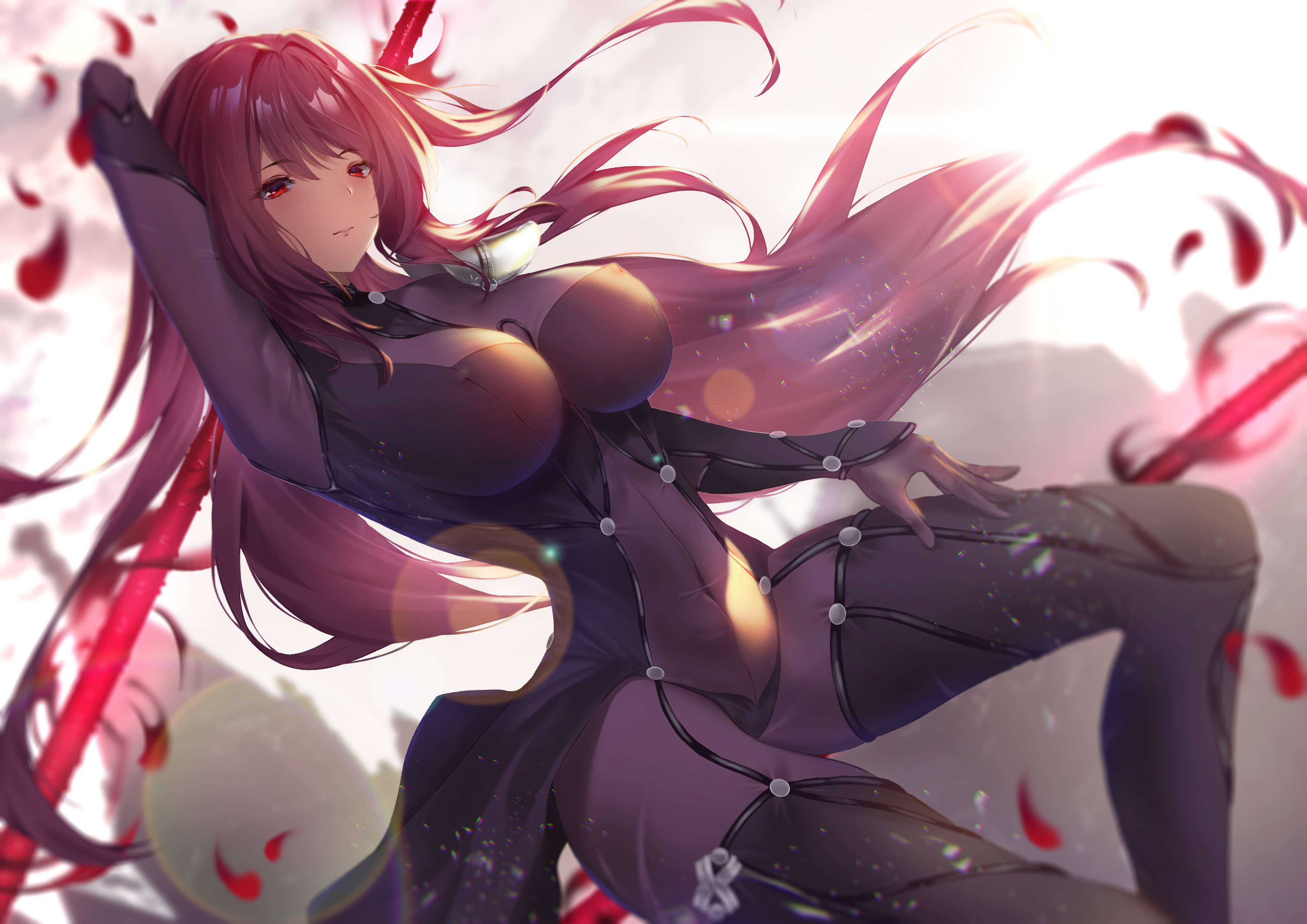 Anime 4093x2894 anime girls Fate series Fate/Grand Order Scathach Nolmo bodysuit tight clothing long hair big boobs nipple bulge purple hair red eyes