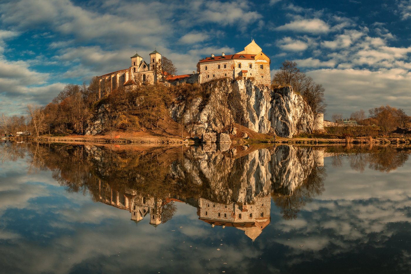 General 1400x933 landscape nature Abbey Poland reflection clouds lake rocks building fall