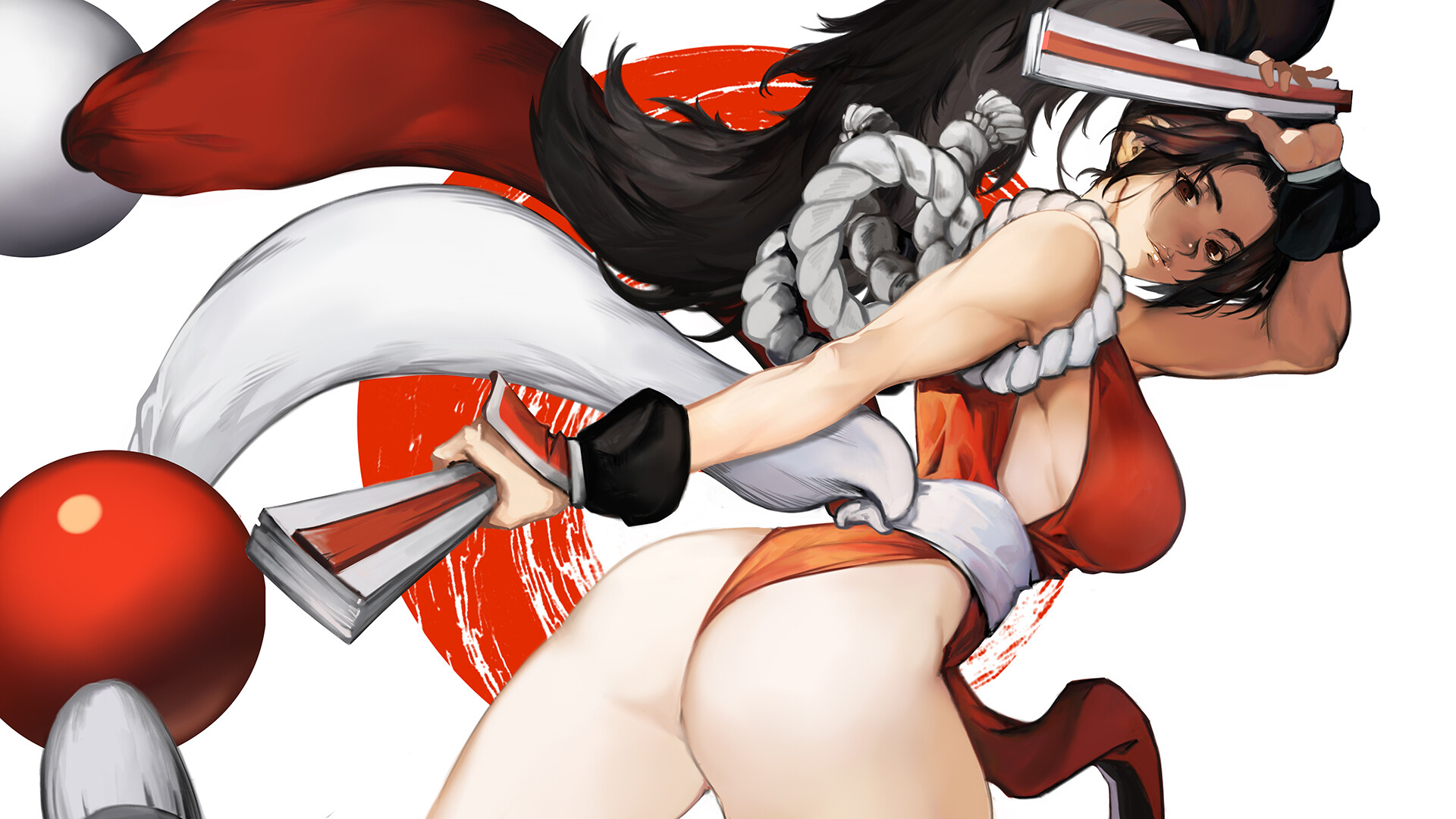 General 1920x1080 women artwork warrior simple background white background ass rear view long hair dark hair boobs big boobs looking at viewer huge breasts BabyG Wong Mai video game characters