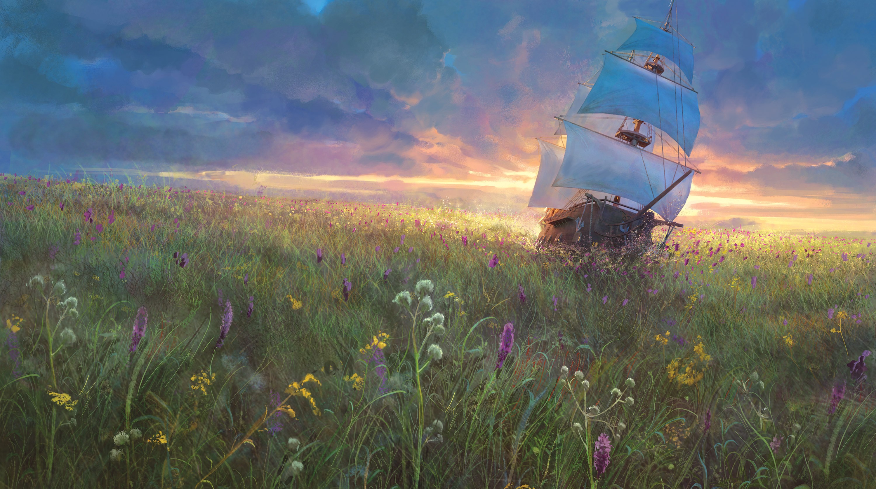 General 3000x1677 digital art landscape sailing ship sky fantasy art sunset Marc Simonetti