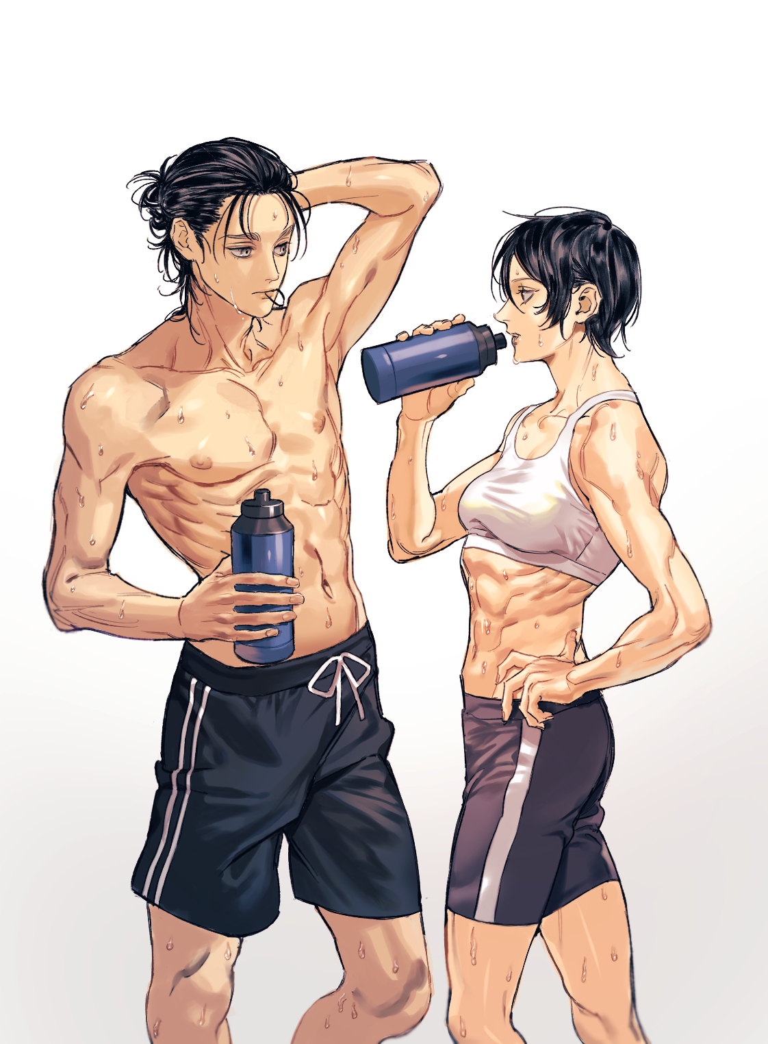 Anime 1122x1524 Shingeki no Kyojin messy hair tied hair simple background anime girls anime boys muscles 6-pack abs biceps black shorts drink training bare shoulders parted lips hair in face 2D anime black eyes gray eyes Mikasa Ackerman Eren Jeager short hair black hair long hair hands on hips touching hair couple fan art