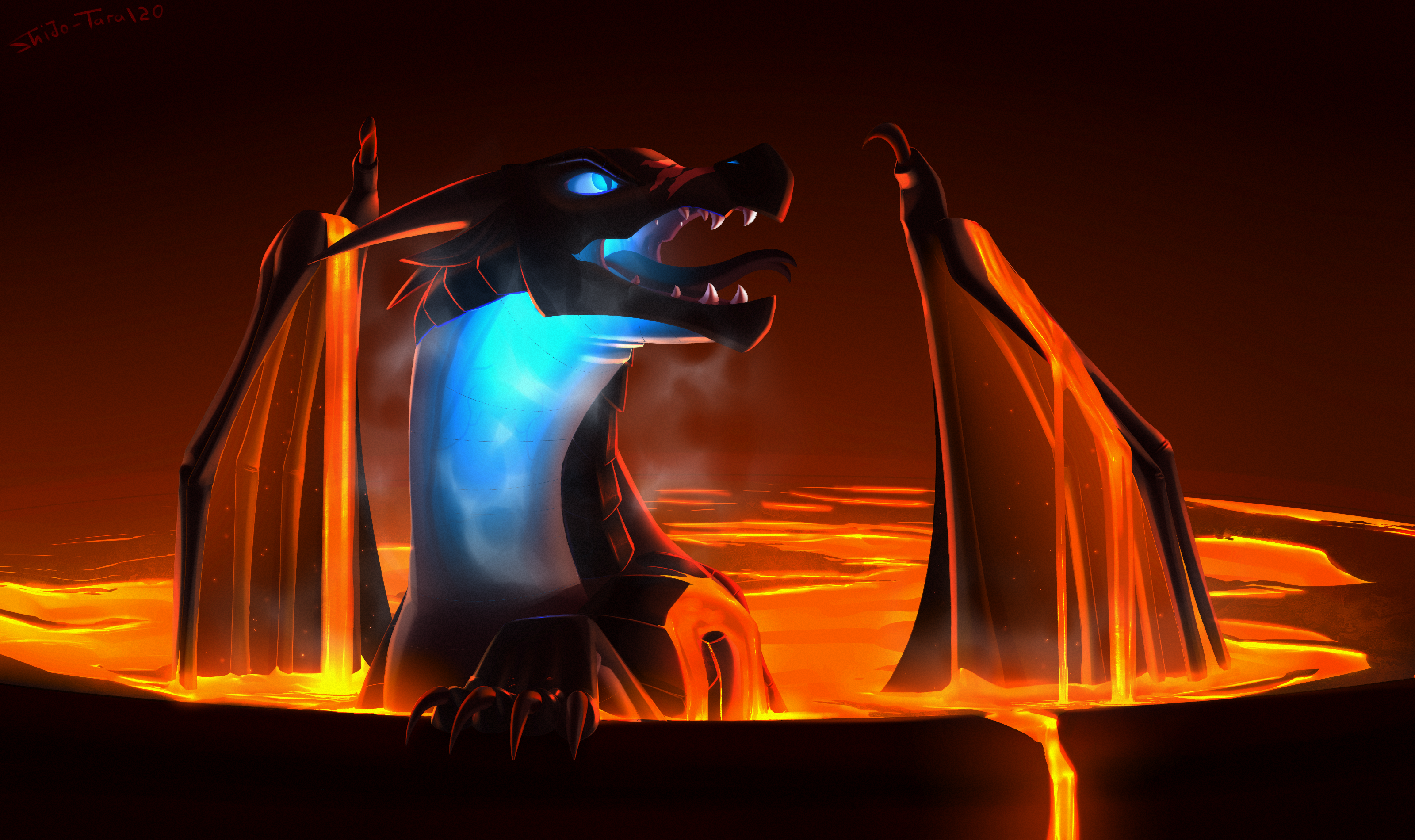 General 3200x1900 dragon dark lava wings digital art low light creature pointy teeth signature