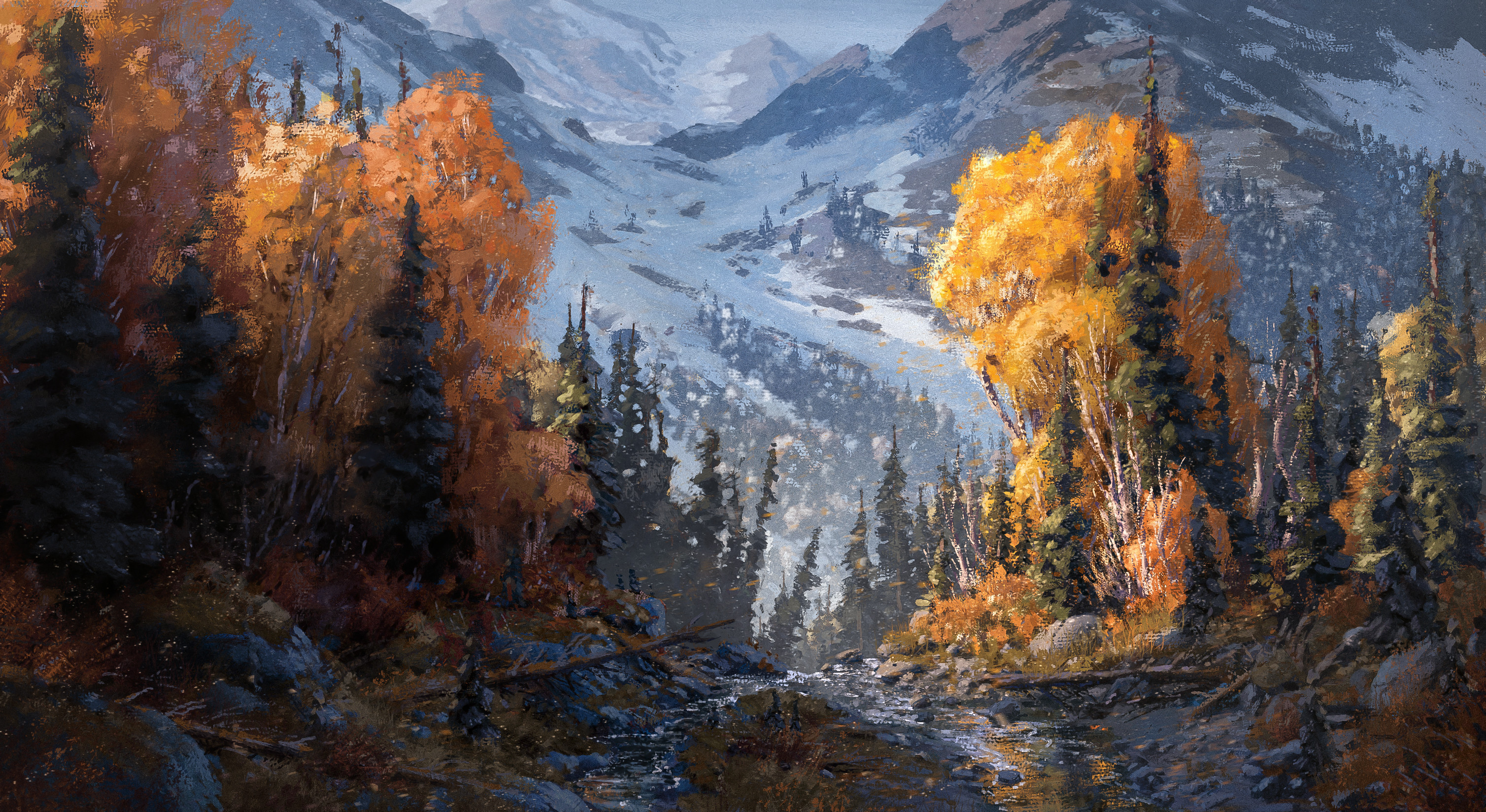 General 3016x1648 Calder Moore landscape digital painting digital art trees mountains tree trunk snow covered tree bark leaves snow White Mountains artwork yellow leaves drawing ArtStation