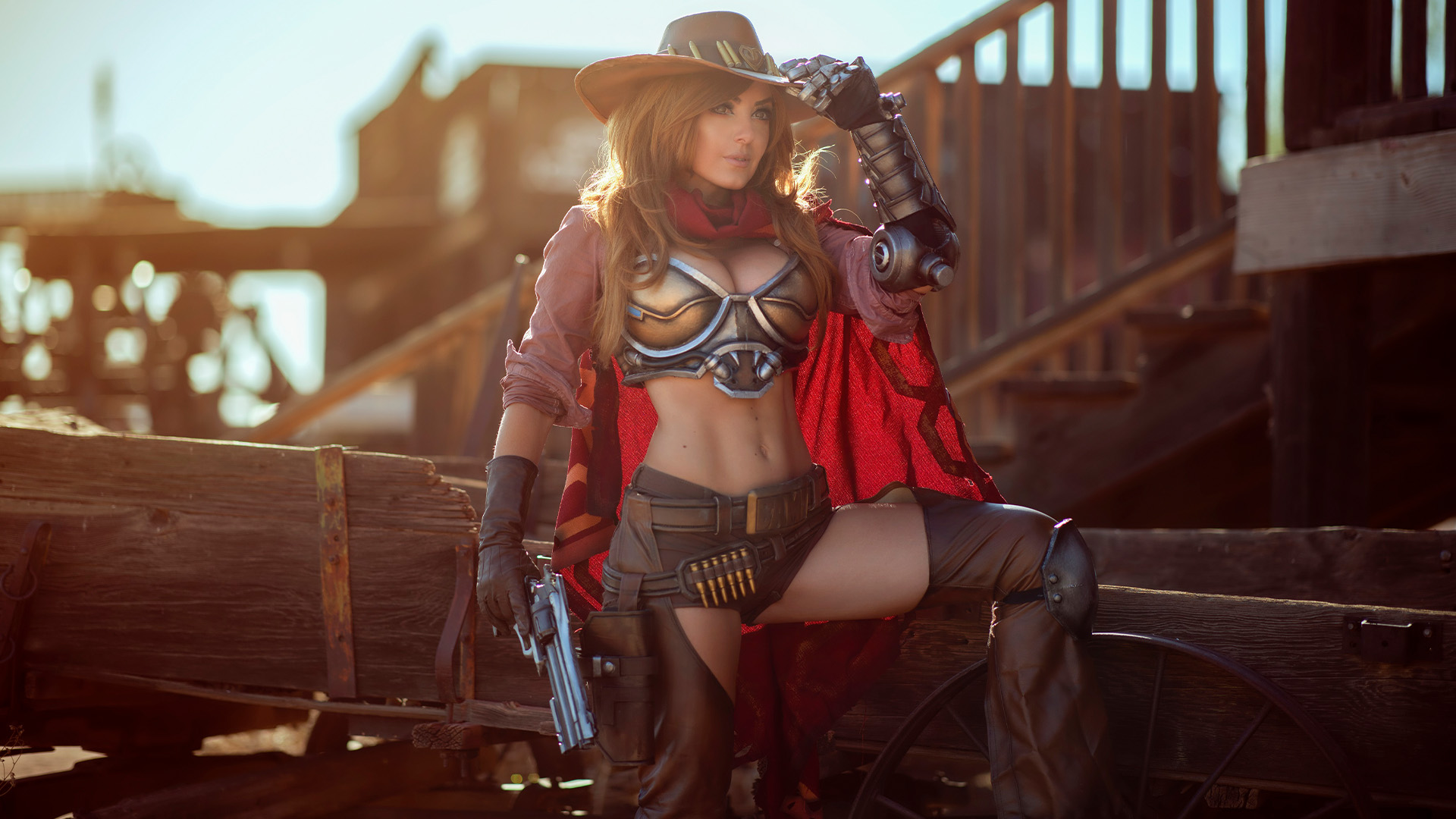 People 1920x1080 model cosplay Overwatch cleavage belly button thigh high boots revolver cowboy cowboy hats cowgirl costumes bullet women girl in armor Jessica Nigri Blizzard Entertainment figure-hugging armor genderswap boobs girls with guns women with hats women outdoors long hair