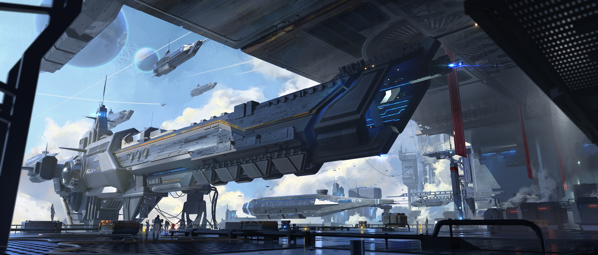 General 1920x821 artwork digital art illustration futuristic spaceship dockyard concept art