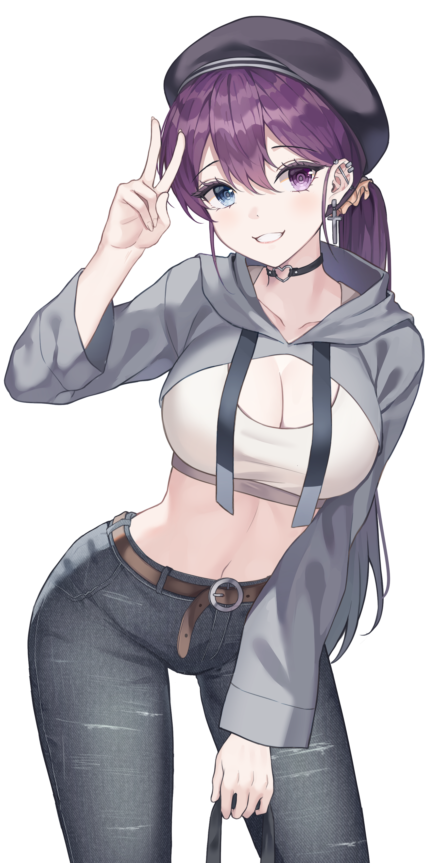 Anime 1794x3505 digital art anime anime girls 2D looking at viewer ecchi purple hair peace sign belly belly button crop top cleavage big boobs jeans berets heterochromia smiling artwork luxiel