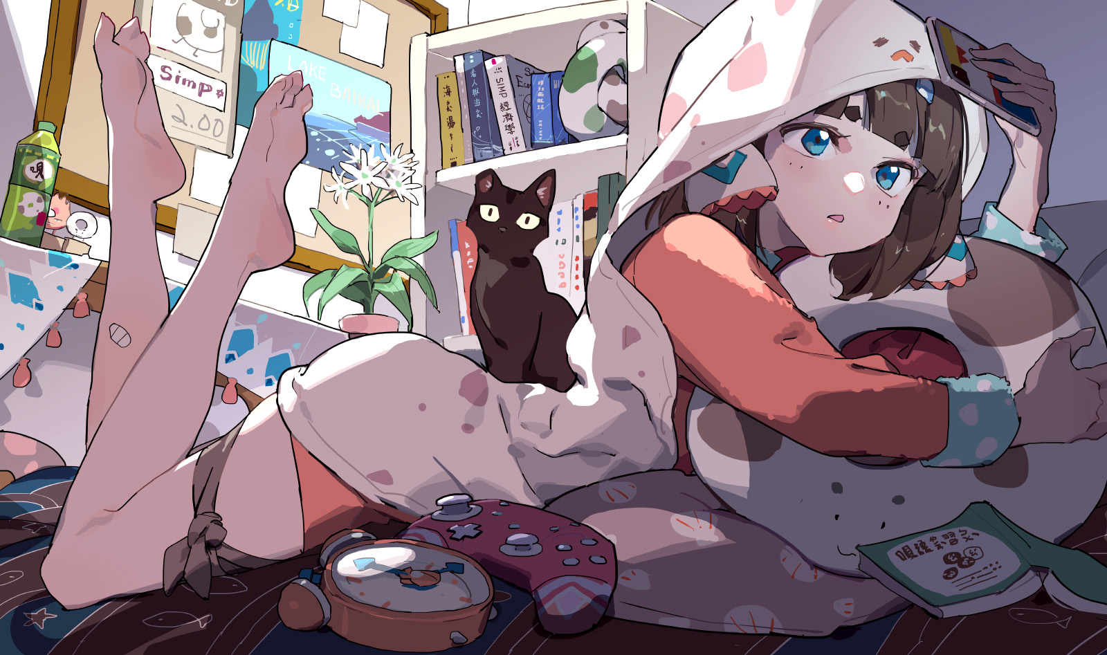 Anime 1600x947 2D digital art anime anime girls cats lying on front Skyfire