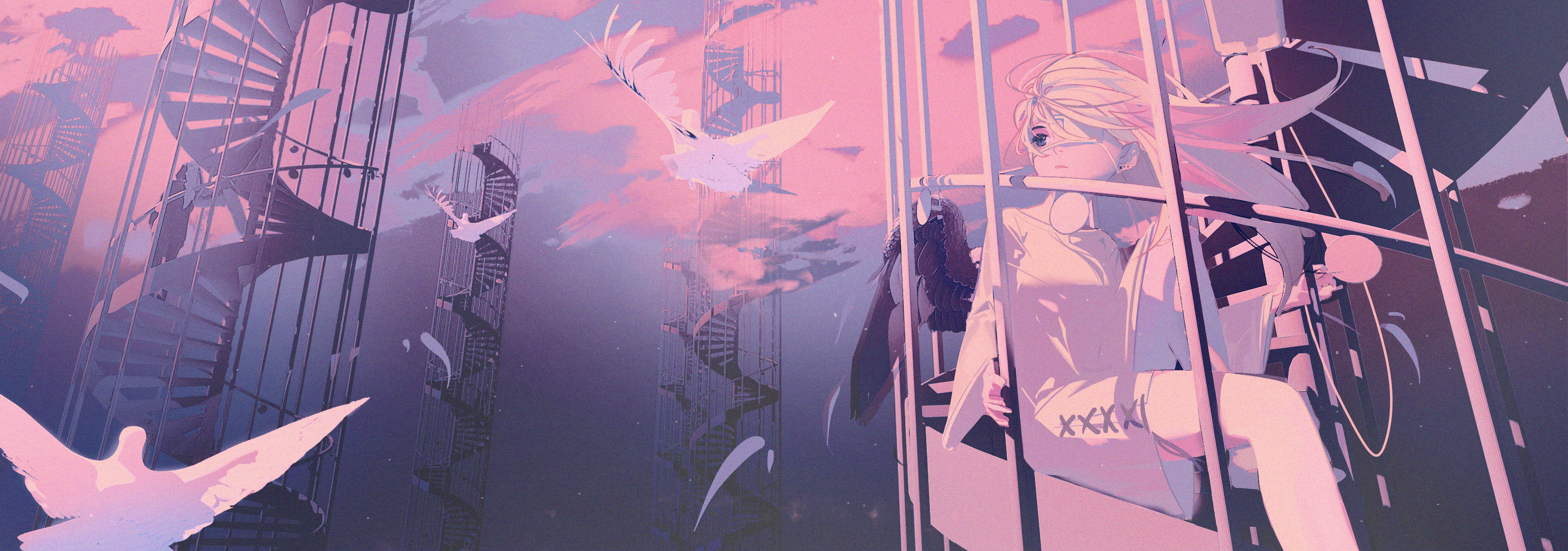 General 6000x2109 anime anime girls women fantasy art sitting hair in face eyepatches stairs windy birds animals sky