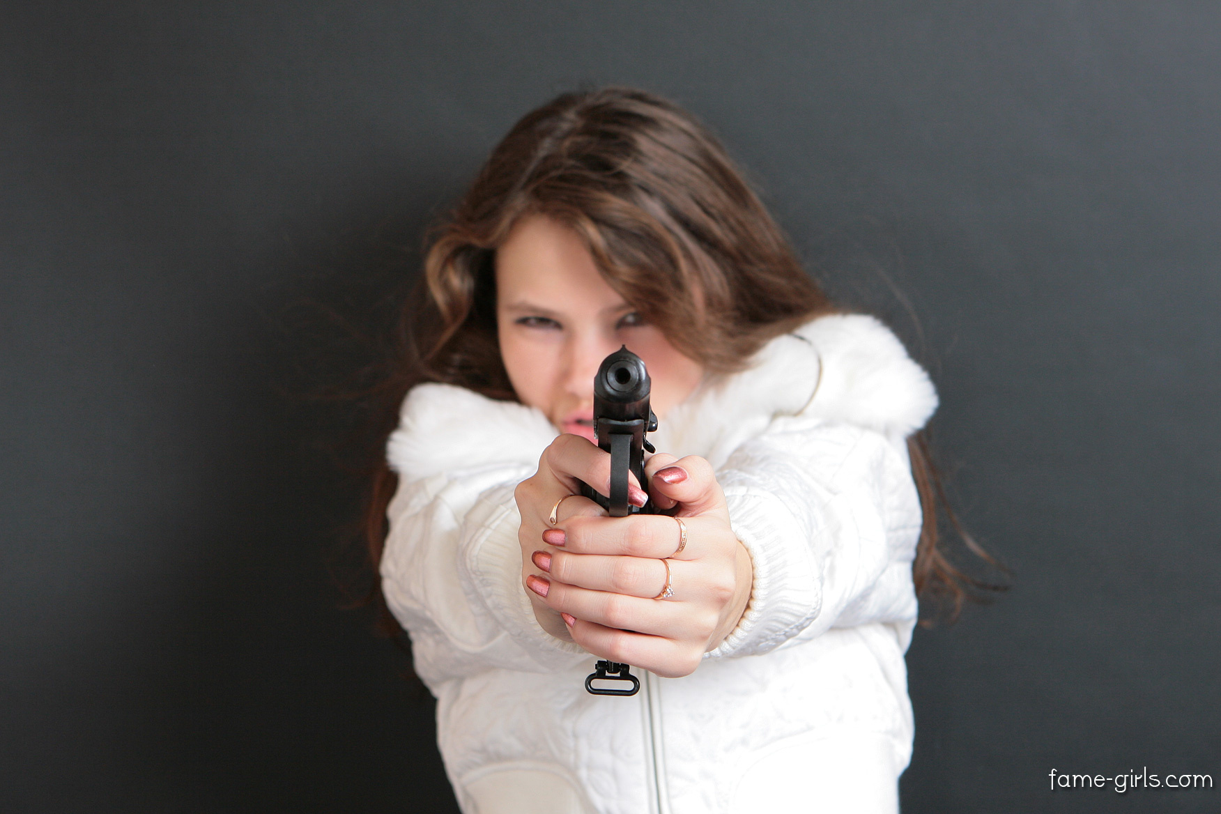 People 1752x1168 model pistol white jacket Makarov pistol Famegirls women Sandra Orlow
