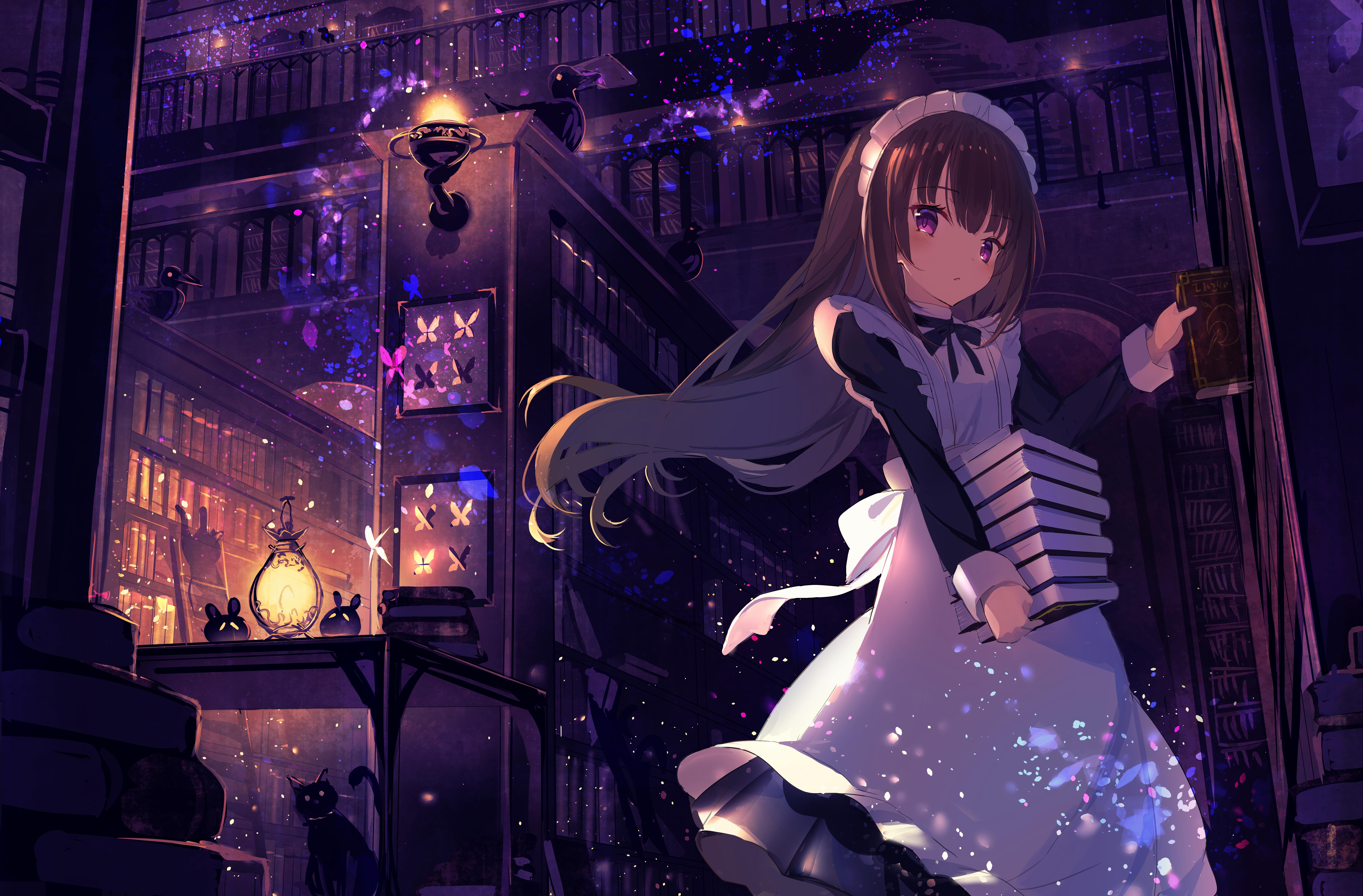 Anime 9449x6213 anime anime girls maid books library long hair brunette purple eyes maid outfit low-angle looking below looking at viewer