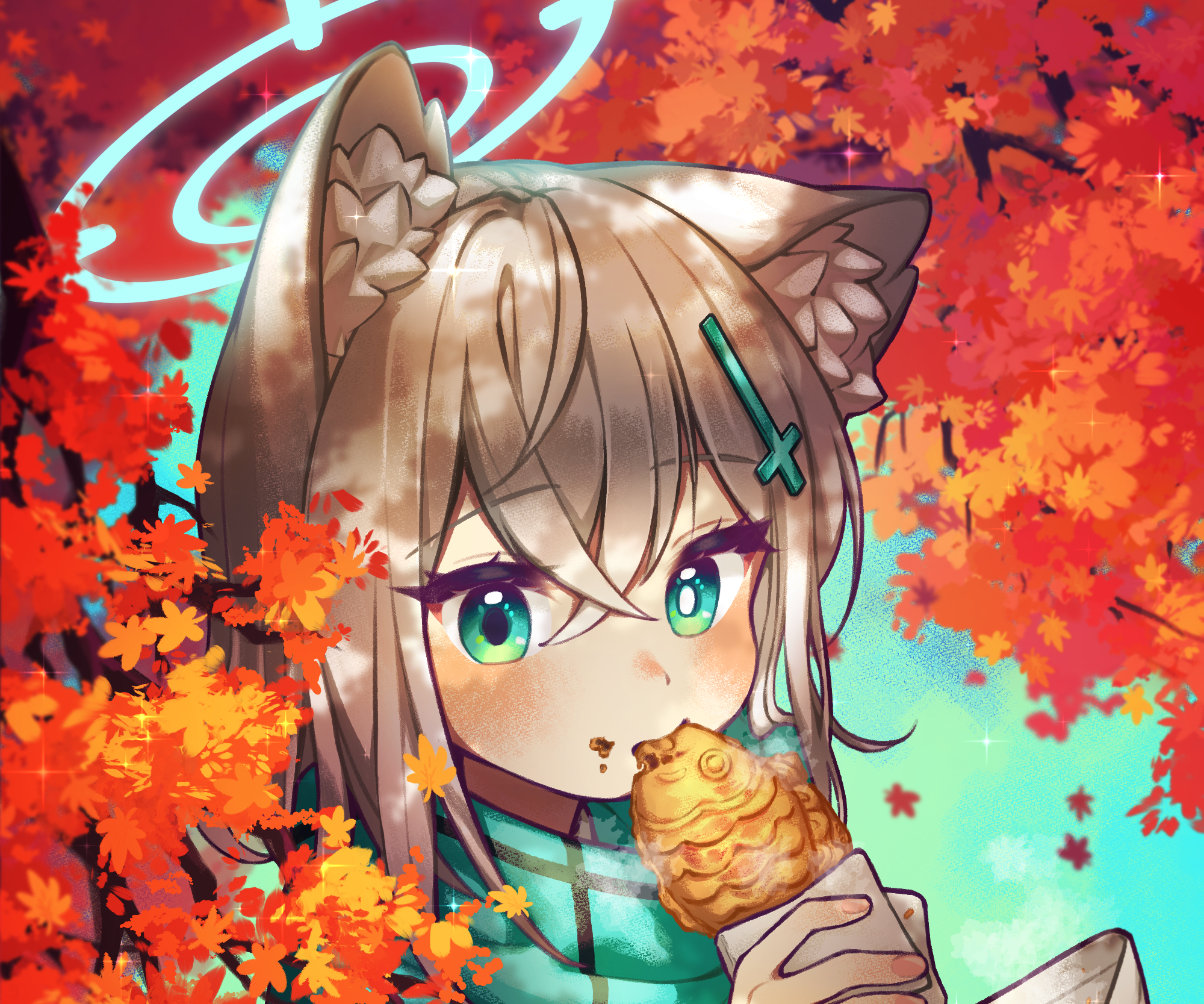 Anime 2000x1667 Blue Archive Shiroko (Blue Archive) anime girls eating anime girls eating fox girl fox ears looking at viewer leaves blue eyes